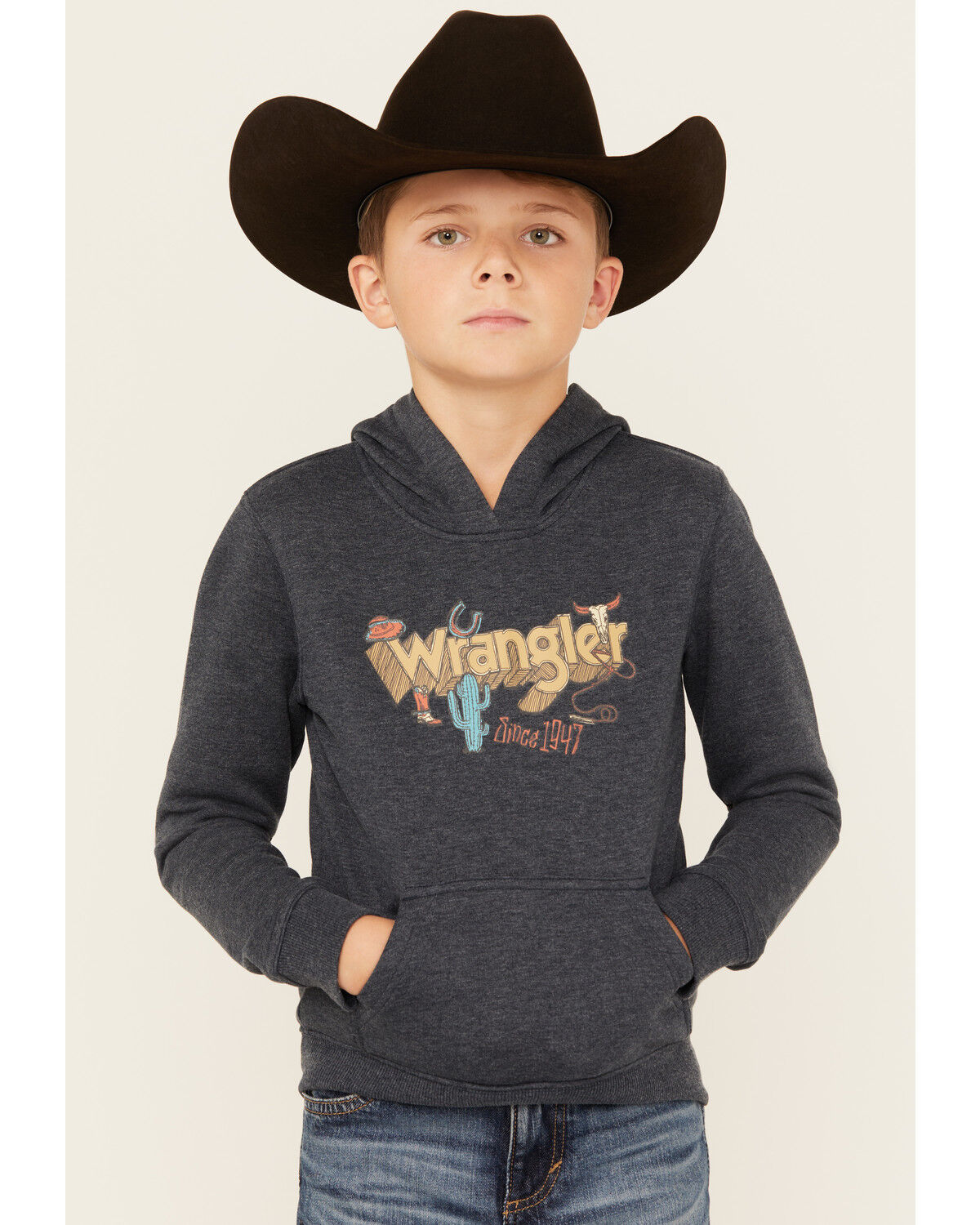 Image #1 - Wrangler Boys' Desert Logo Hooded Sweatshirt, Charcoal, hi-res