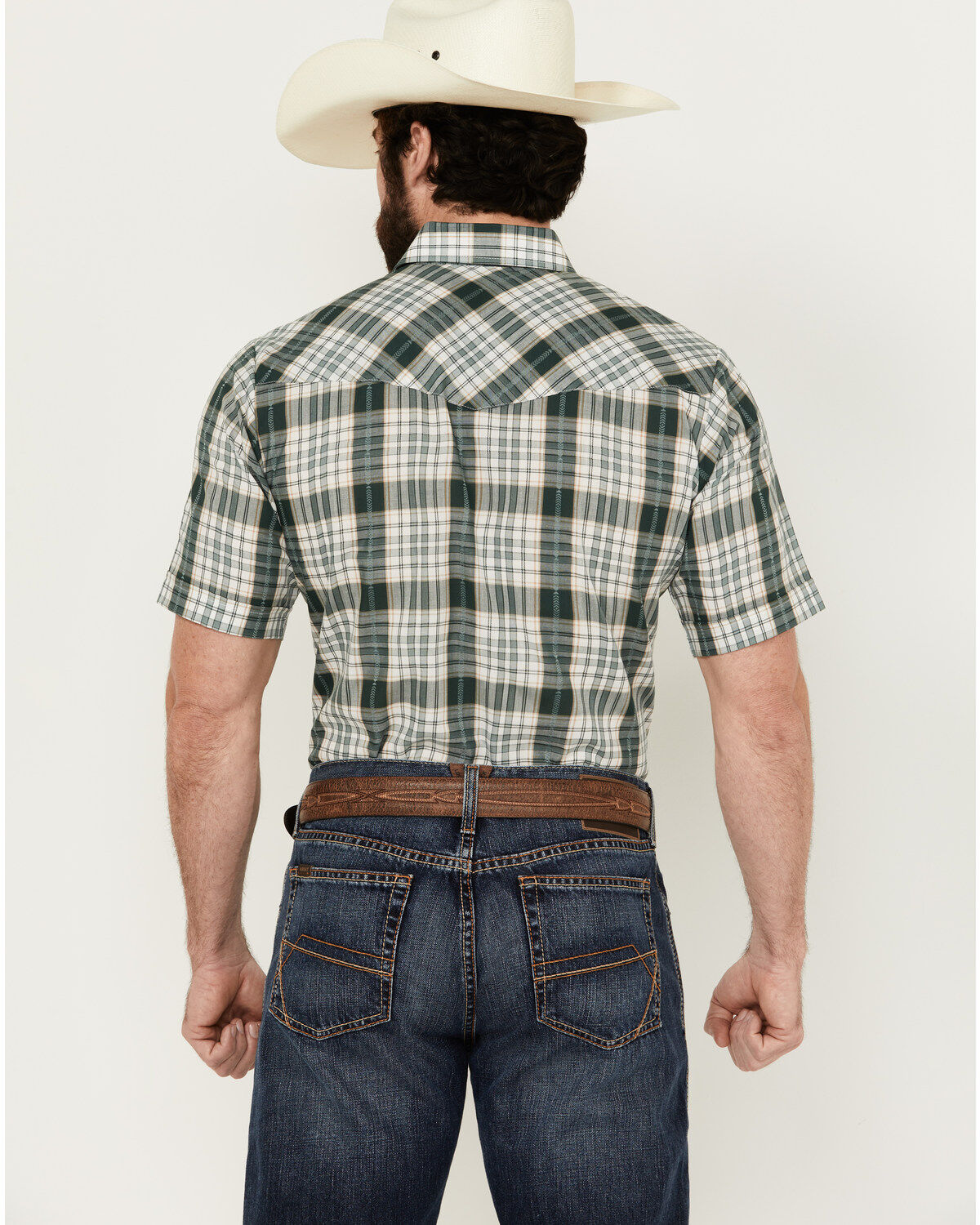 Image #4 - Ely Walker Men's Dobby Plaid Print Short Sleeve Snap Western Shirt, Green, hi-res