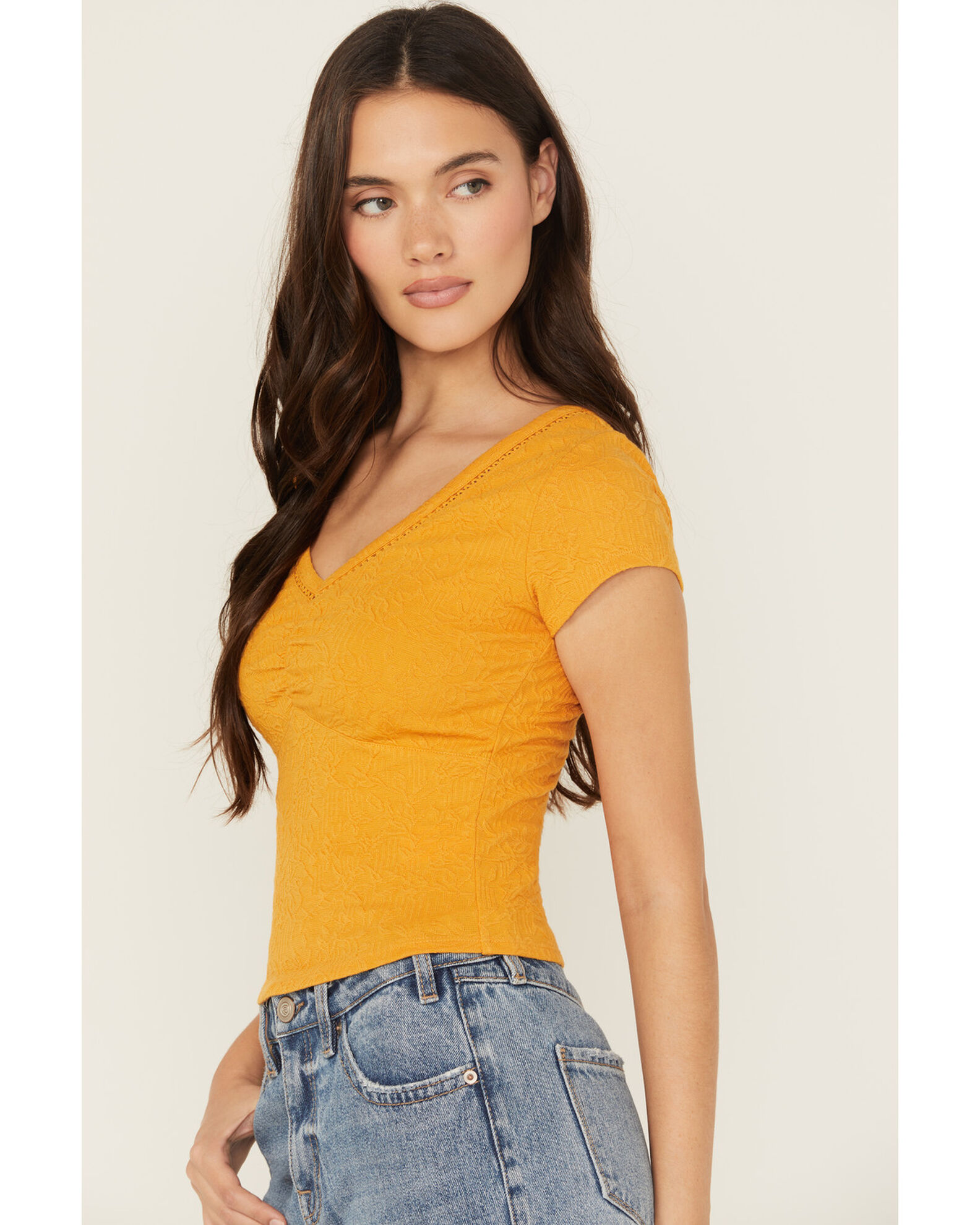 Image #2 - Shyanne Women's V Neck Short Sleeve Stretch Knit Top, Gold, hi-res