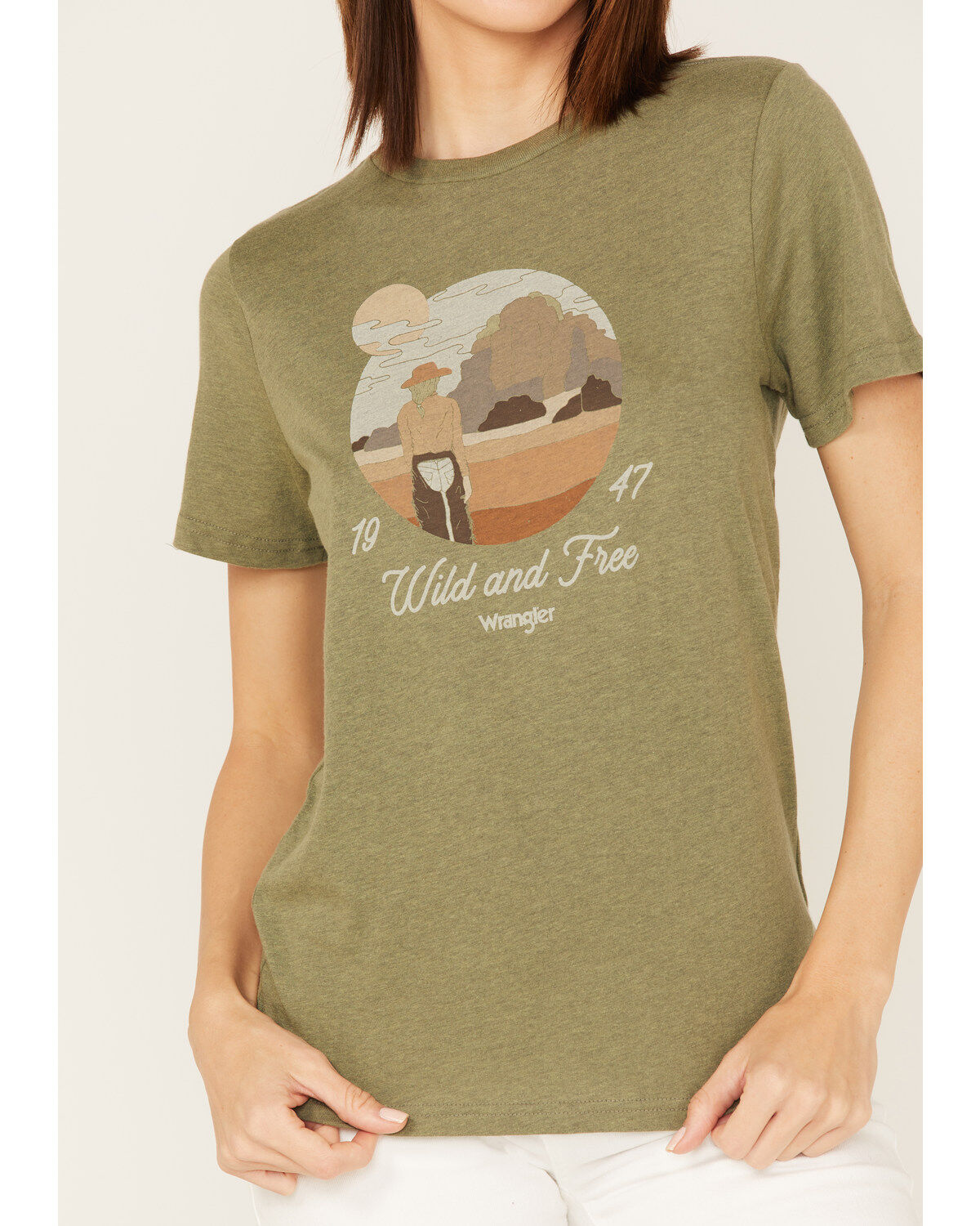 Image #3 - Wrangler Women's Boot Barn Exclusive Wild & Free Desert Scene Logo Short Sleeve Graphic Tee, Green, hi-res