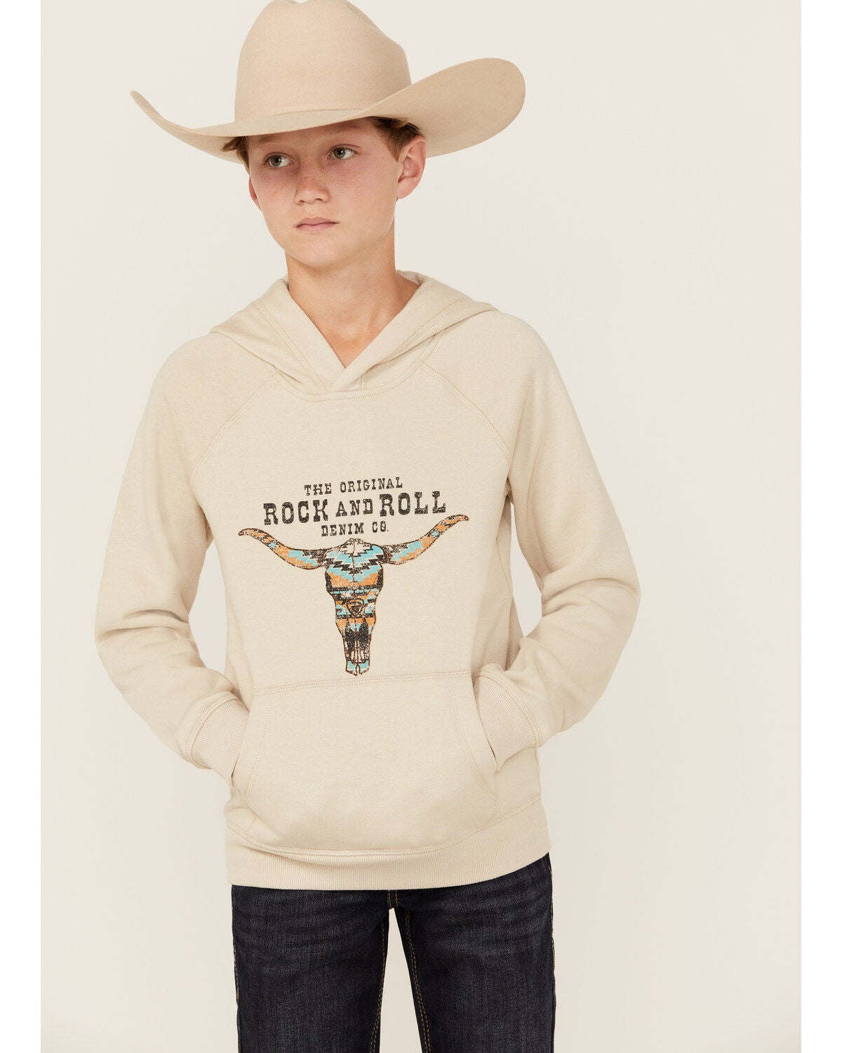 Rock & Roll Denim Boys' Steer Head Hooded Sweatshirt, Cream, hi-res