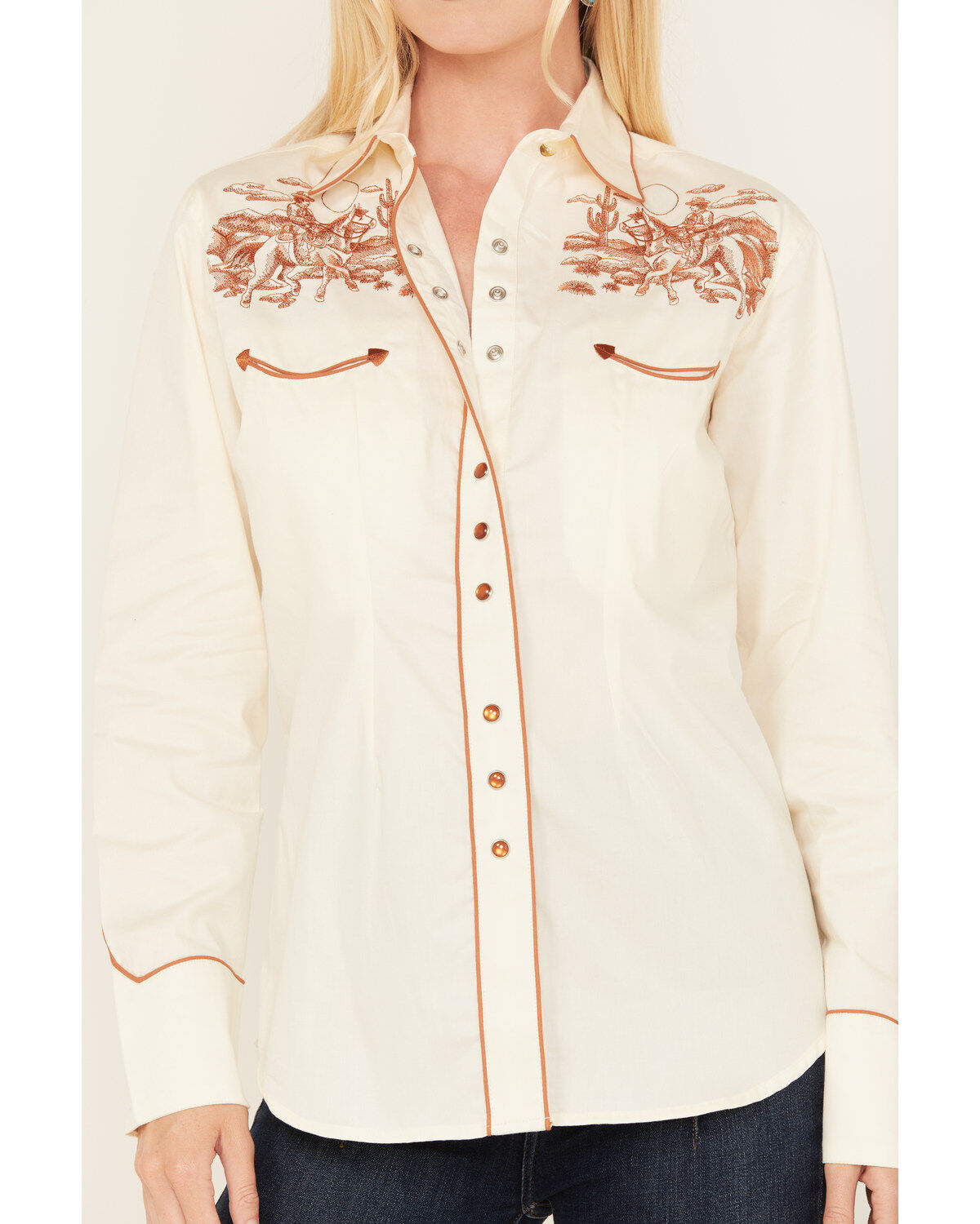 Image #3 - Rockmount Ranchwear Women's Embroidered Scenic Long Sleeve Pearl Snap Western Shirt, Ivory, hi-res