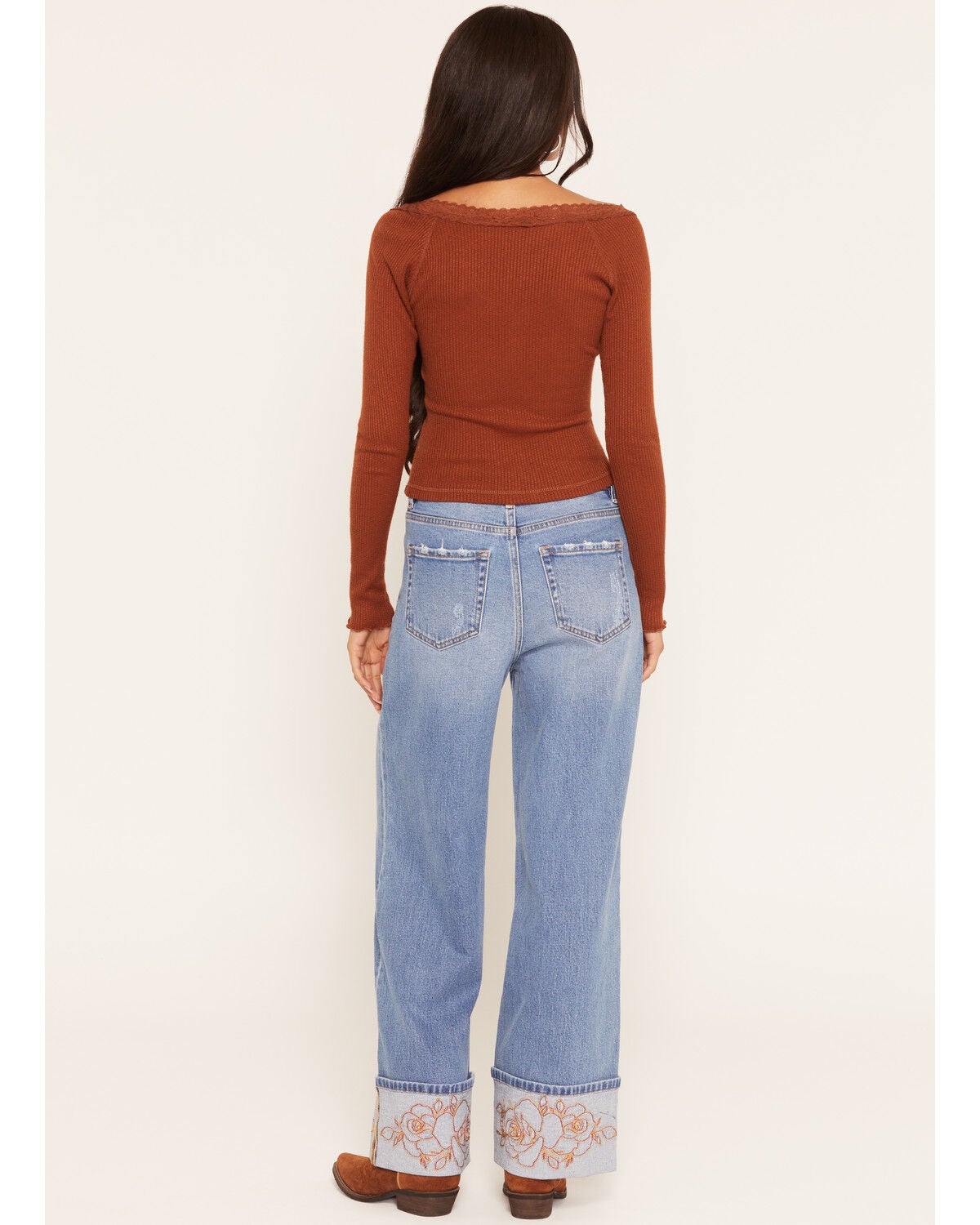 Image #3 - Rodeo Quincy X Boot Barn Women's Rowdy Rose Light Wash High Rise Cuffed Wide Leg Stretch Denim Jeans, Light Wash, hi-res