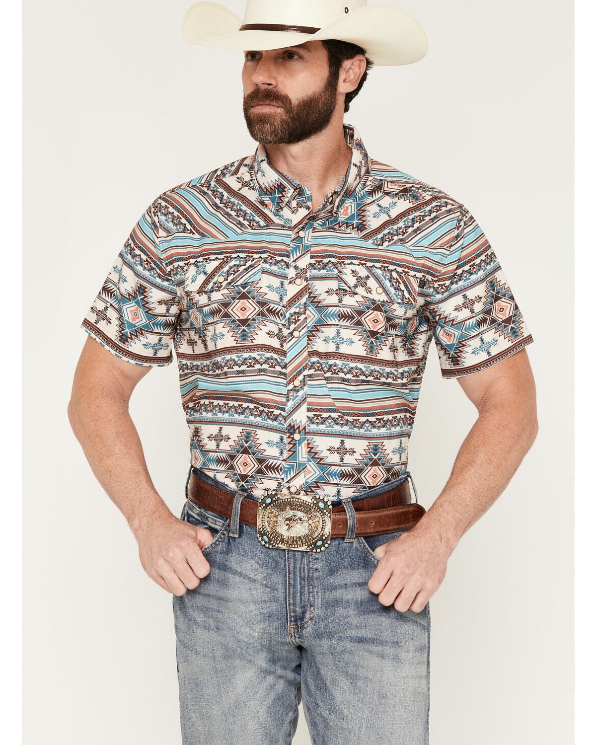 Rock & Roll Denim Men's Tek Southwestern Print Short Sleeve Snap Stretch Western Shirt, Natural, hi-res