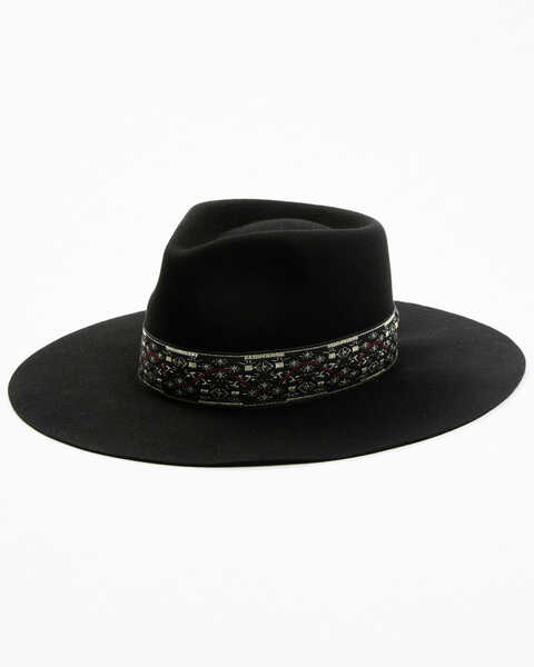 Shyanne Women's Pinch Front Jacquard Ribbon Band Wool Felt Western Hat, Black, hi-res