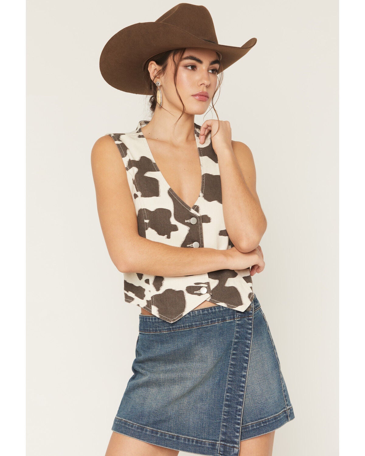 Stoosh Women's Cow Print Button-Down Denim Vest, Black/white, hi-res