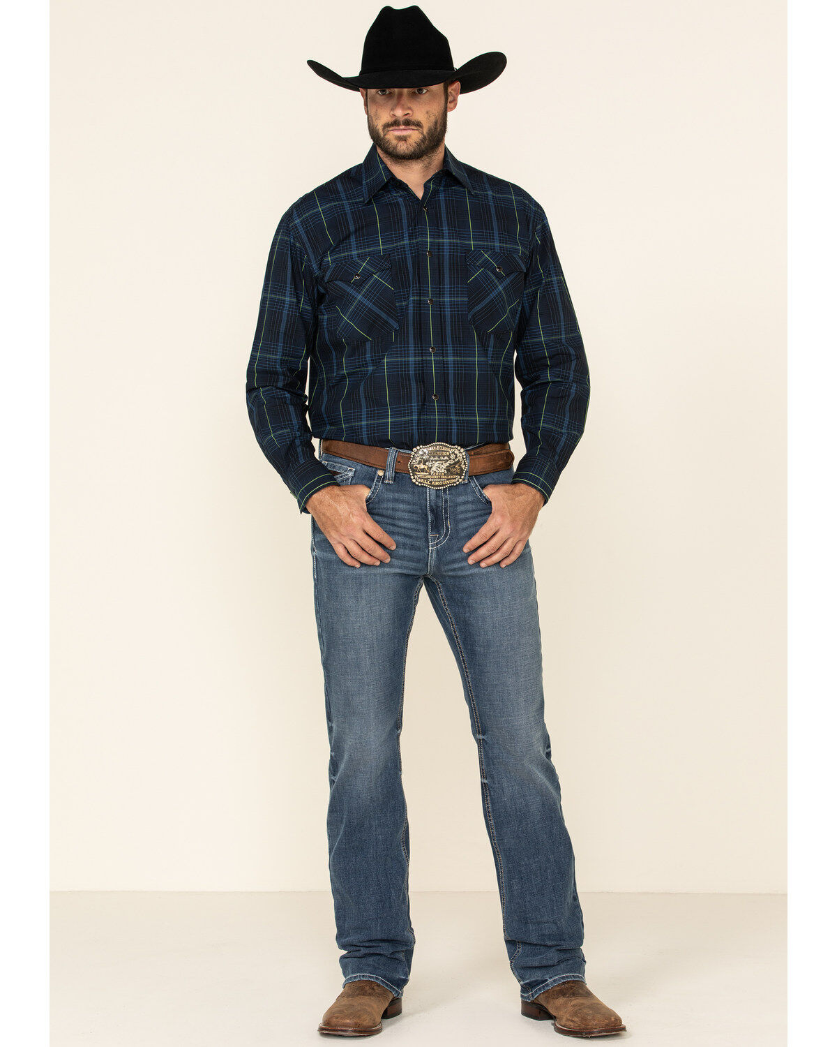 Image #2 - Rough Stock By Panhandle Men's Larkspur Ombre Plaid Print Long Sleeve Western Shirt, Black, hi-res