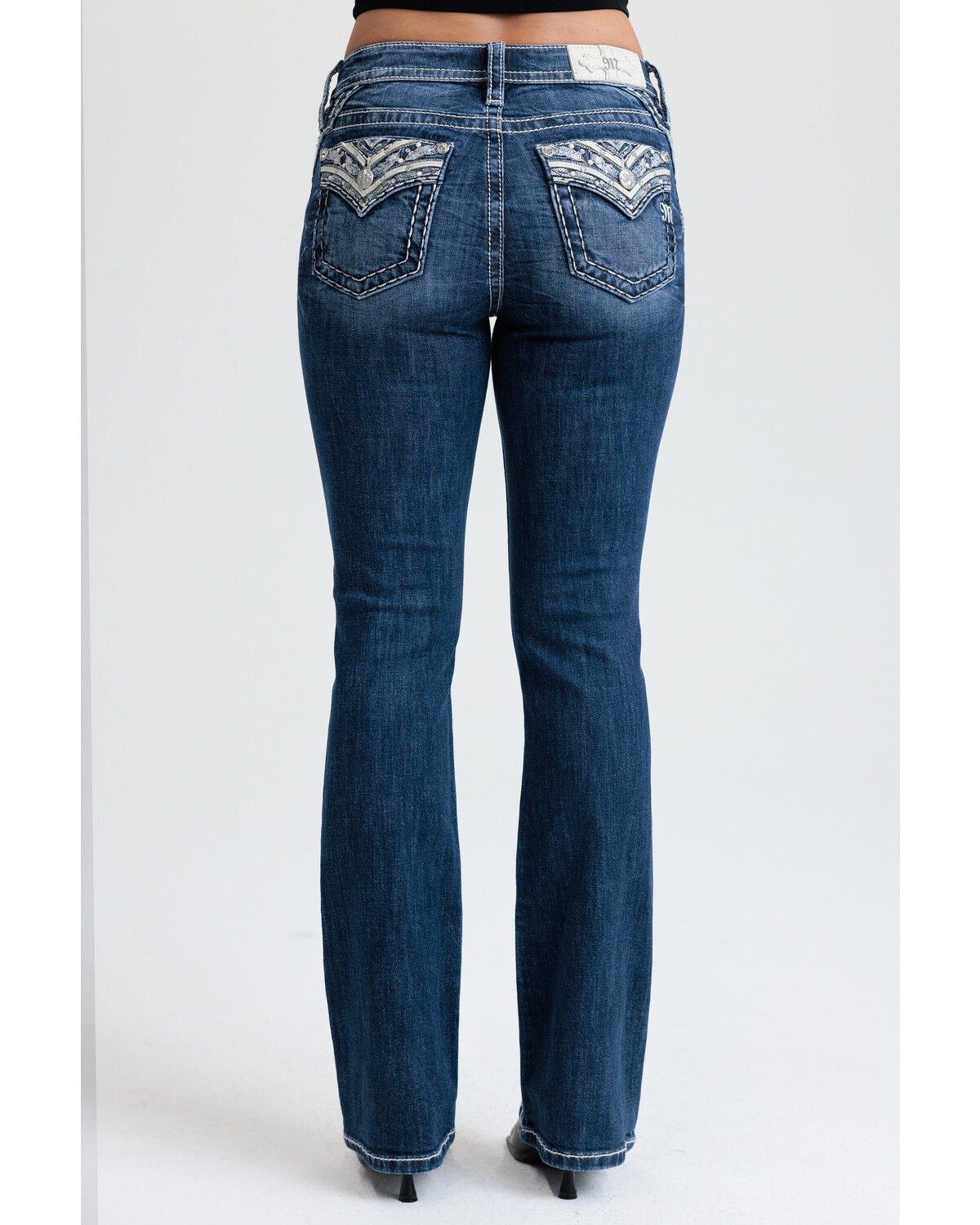 Image #1 - Miss Me Women's Dark Wash Geo Border Pocket Bootcut Denim Jeans, Dark Wash, hi-res