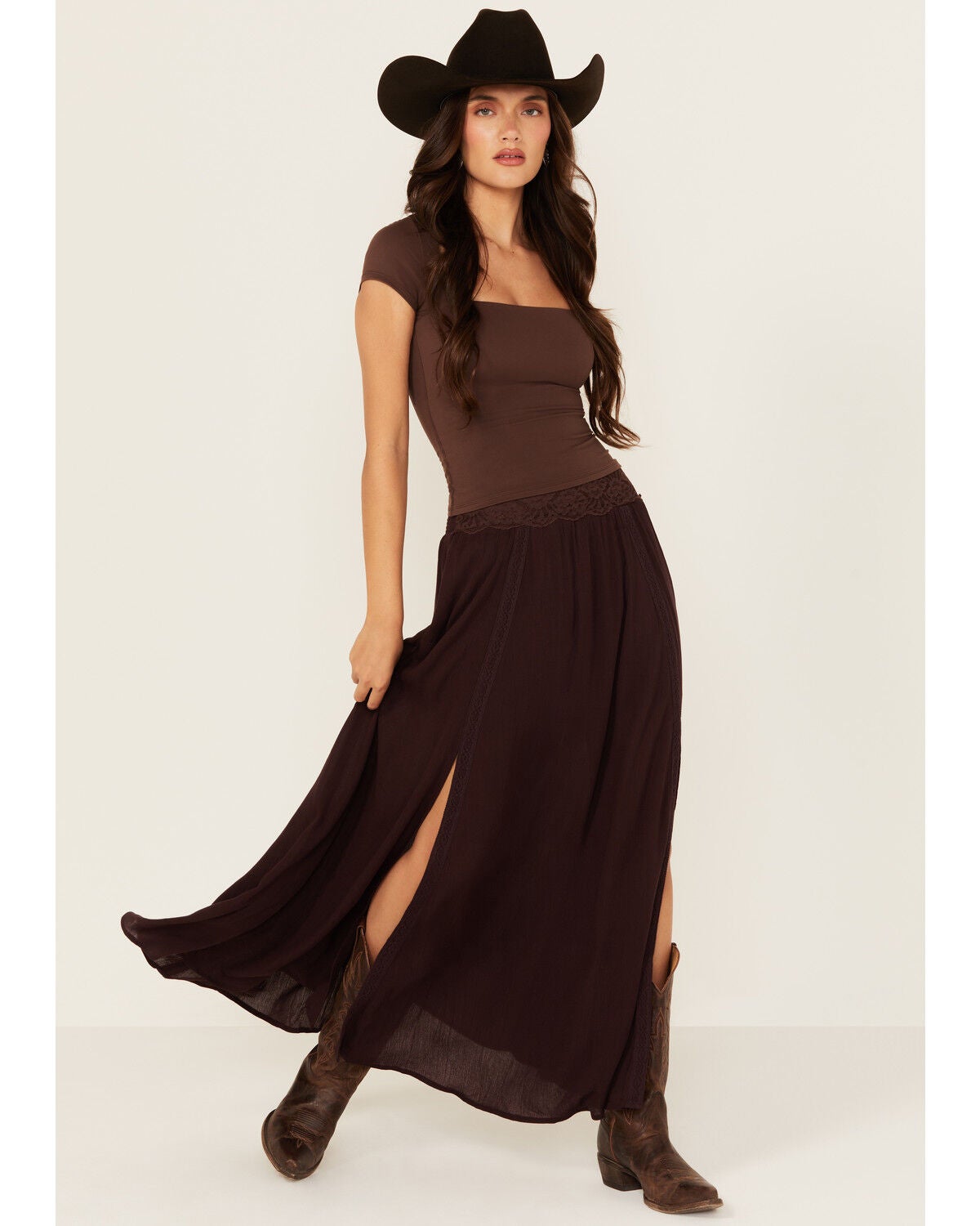 Shyanne Women's Lace Inset Maxi Skirt, Chocolate, hi-res