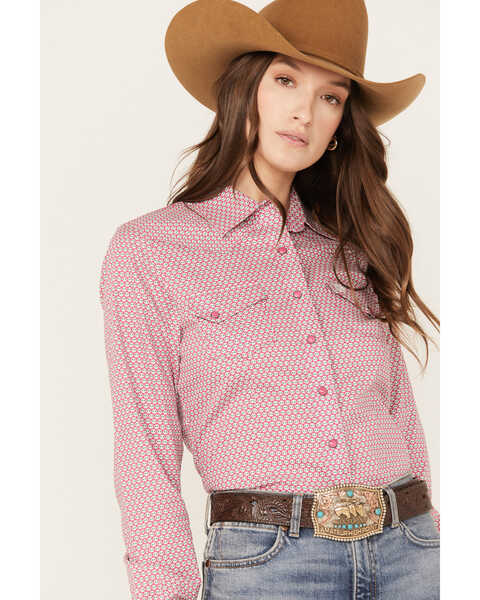 Cinch Women's Geo Print Long Sleeve Western Snap Shirt, Pink, hi-res