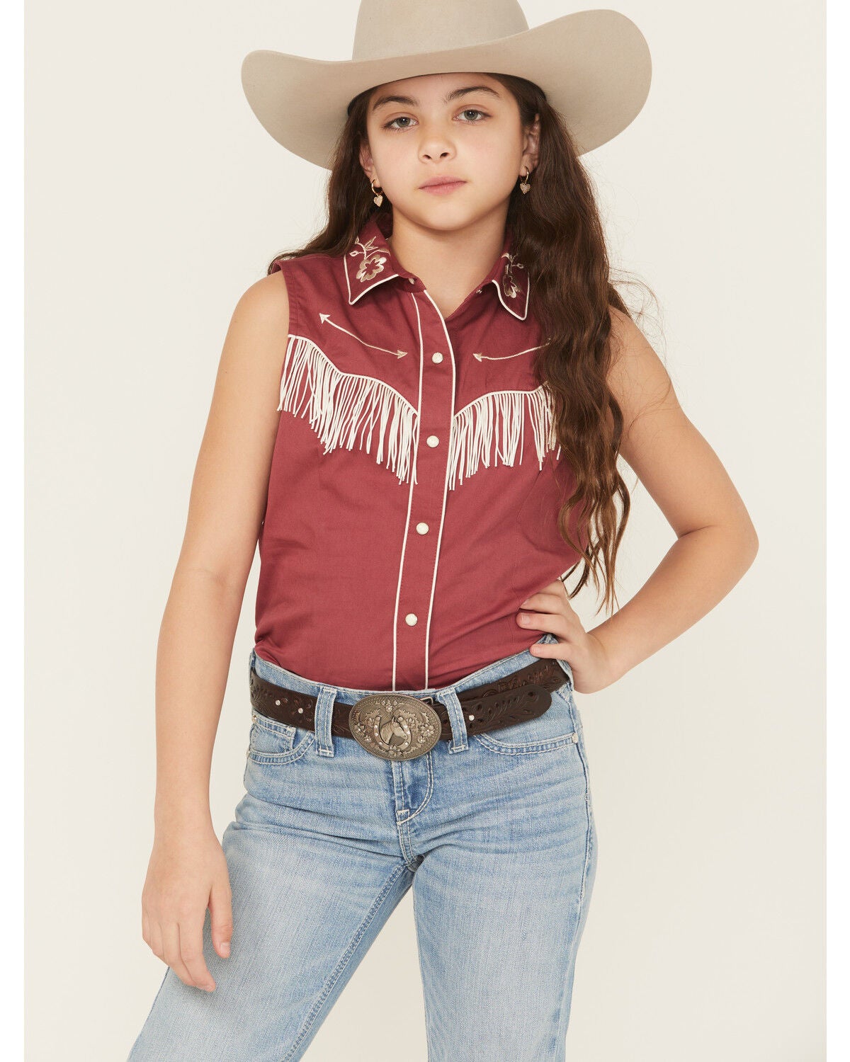 Rock & Roll Denim Girls' Embroidered Retro Sleeveless Snap Western Shirt, Wine, hi-res