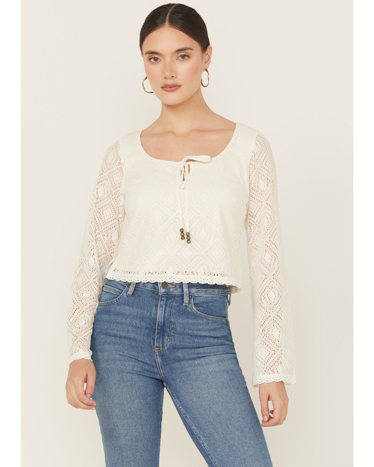 Image #1 - Idyllwind Women's Lacey Scoop Neck Bell Sleeve Crochet Top, Ivory, hi-res