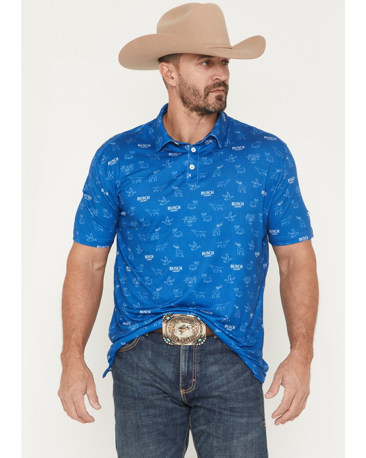 Buckwear Men's Busch Light Repeat Short Sleeve Stretch Polo, Teal, hi-res