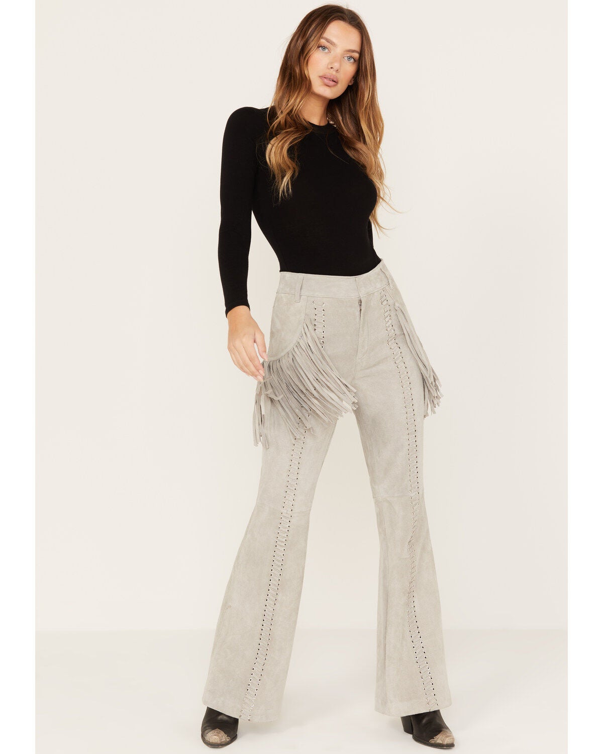 Wonderwest Women's Leather Fringe Pants, Grey, hi-res
