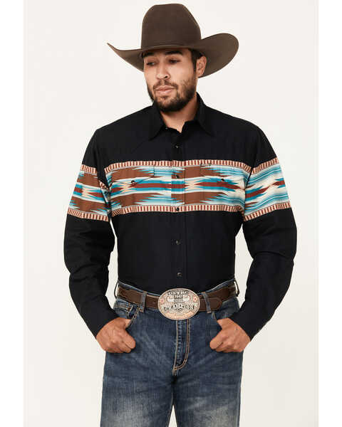 Roper Men's Vintage Southwestern Print Long Sleeve Snap Western Shirt , Black, hi-res