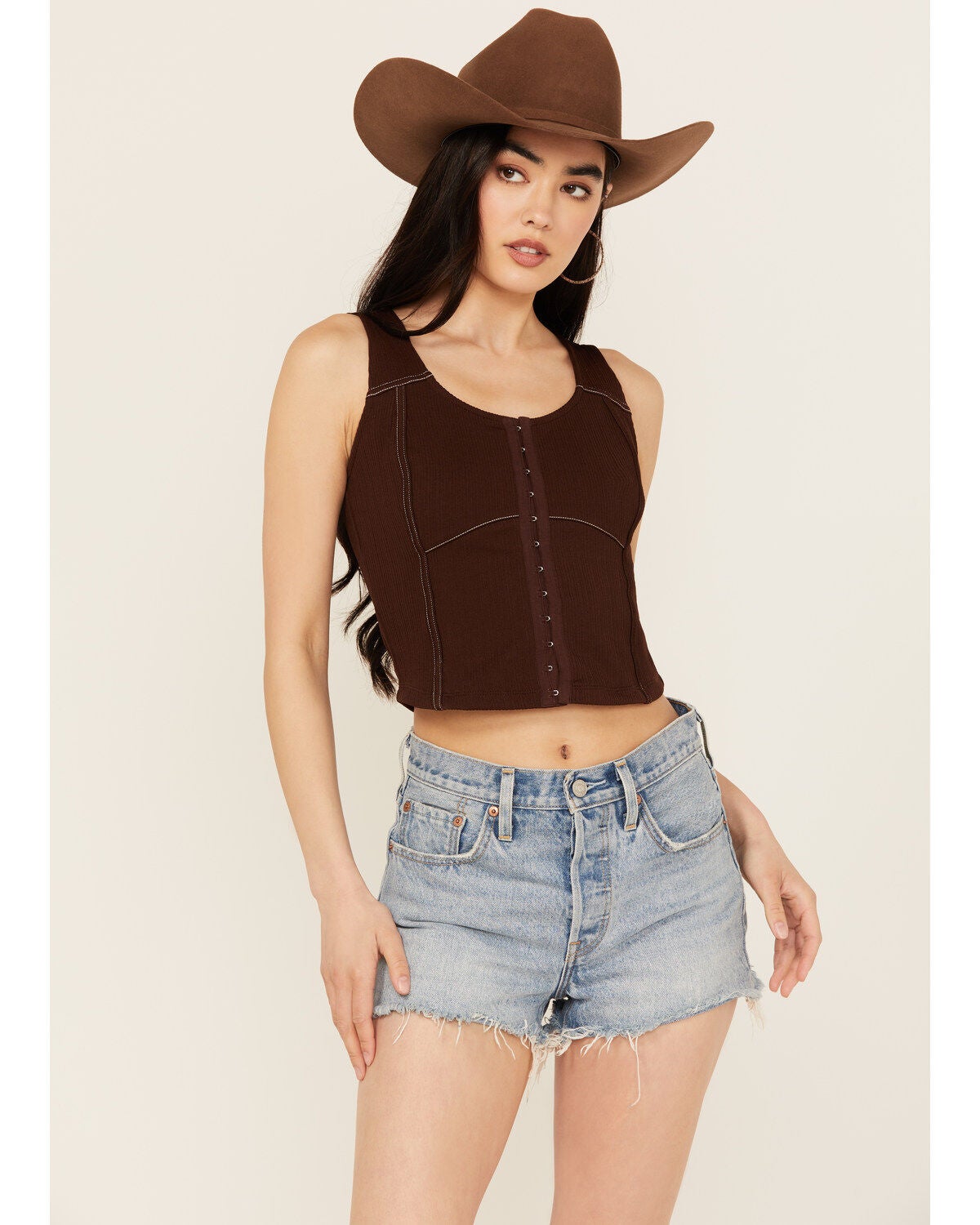 Shyanne Women's Corset Tank, Dark Brown, hi-res