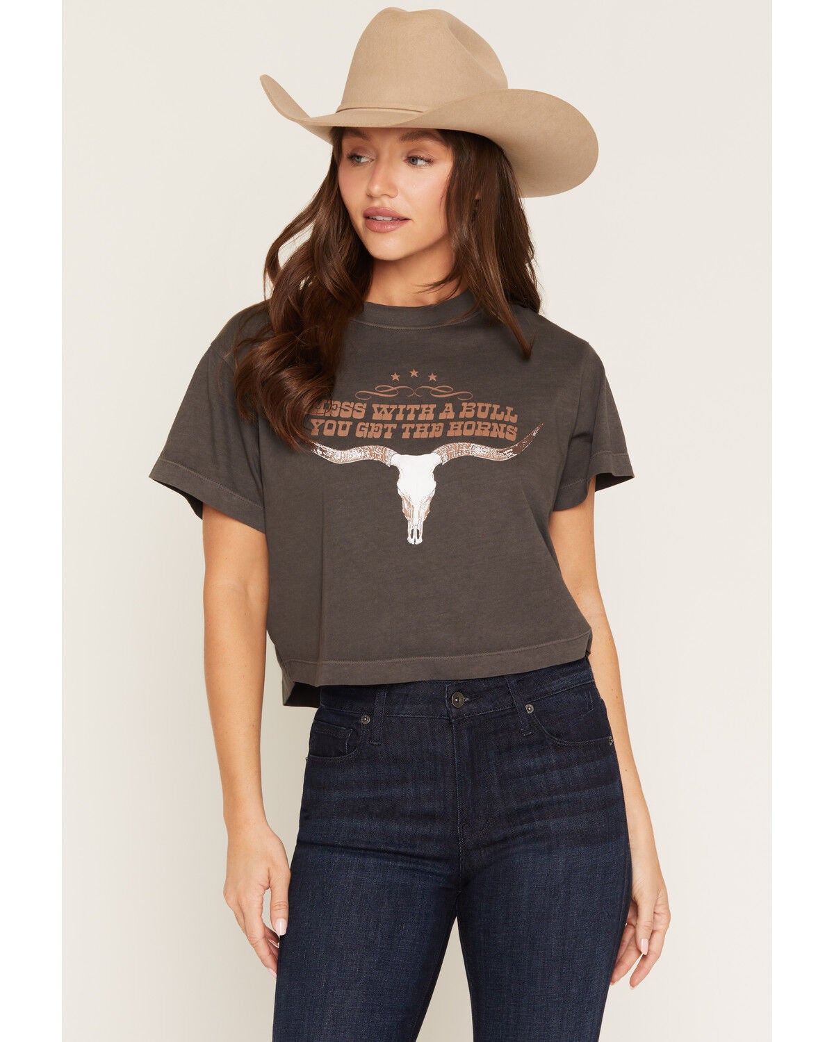 Image #1 - Girl Dangerous Women's Steer Horns Short Sleeve Cropped Graphic Tee, Black, hi-res
