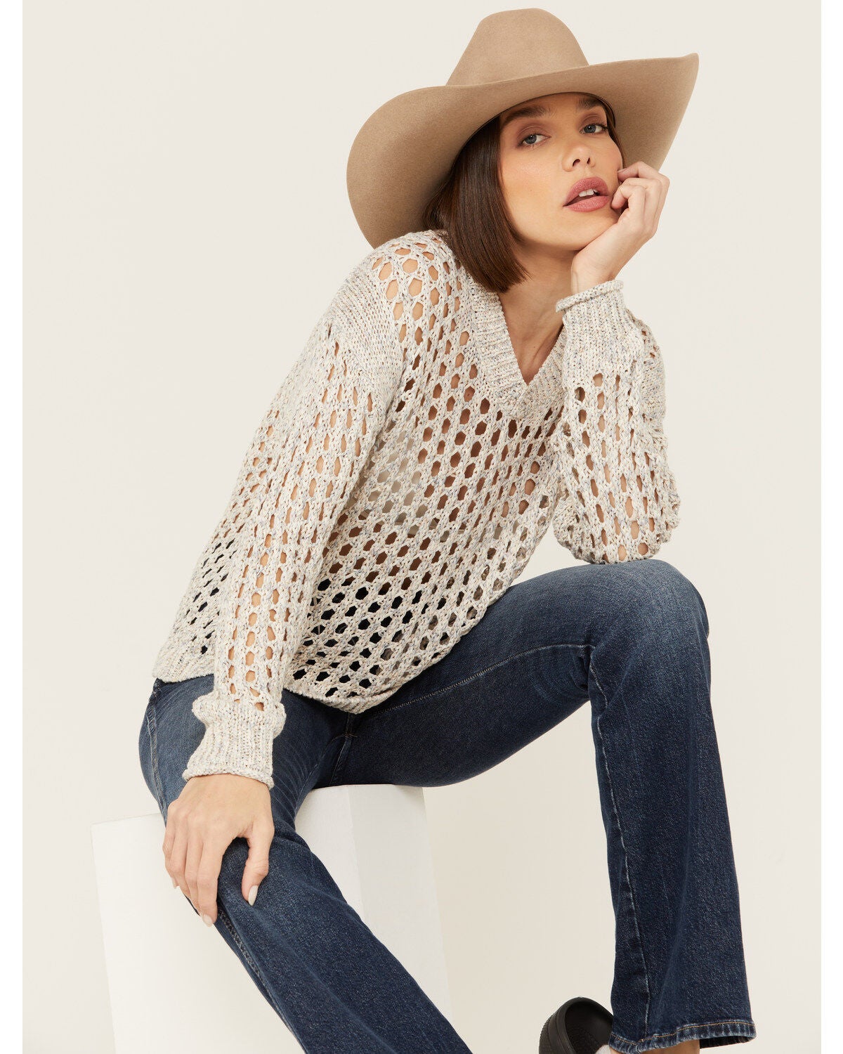 Cleo + Wolf Women's Allison Open Knit Long Sleeve Sweater, Blue, hi-res