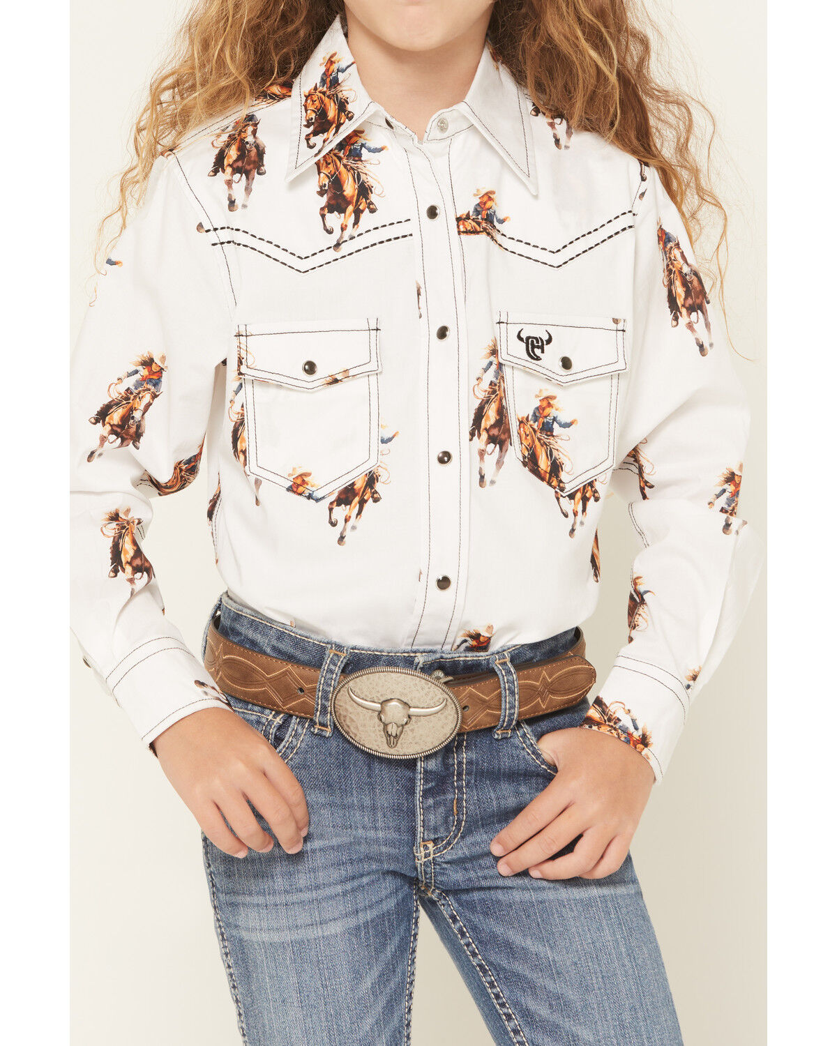 Image #3 - Cowgirl Hardware Girls' Vintage Cowgirl Long Sleeve Snap Stretch Western Shirt, White, hi-res