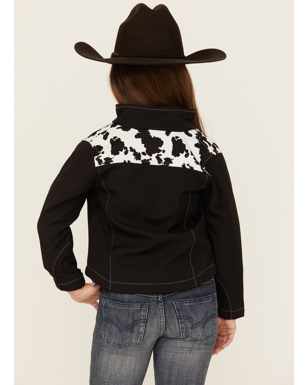 Image #4 - Cowgirl Hardware Girls' Cow Print Yoke Poly Shell Jacket, Black, hi-res