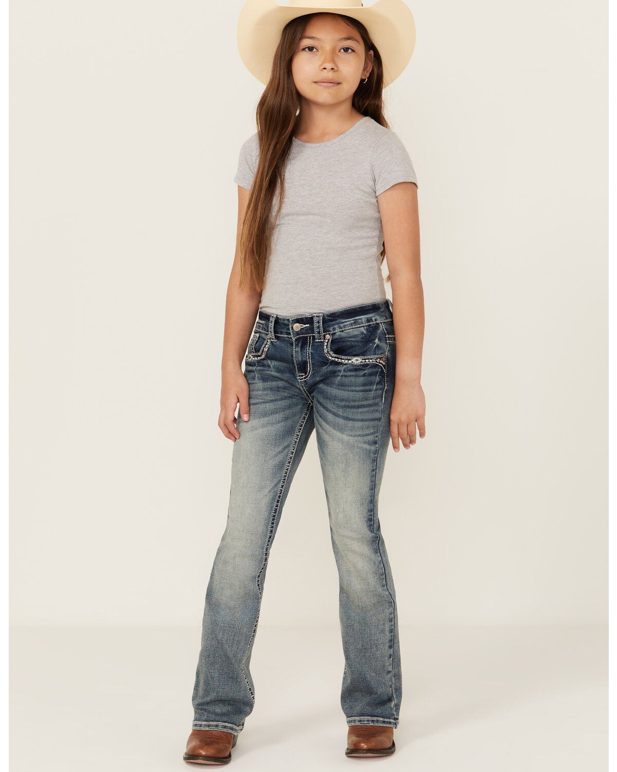 Shyanne Girls' Light Wash Steer Head Pocket Bootcut Stretch Denim Jeans, Medium Wash, hi-res