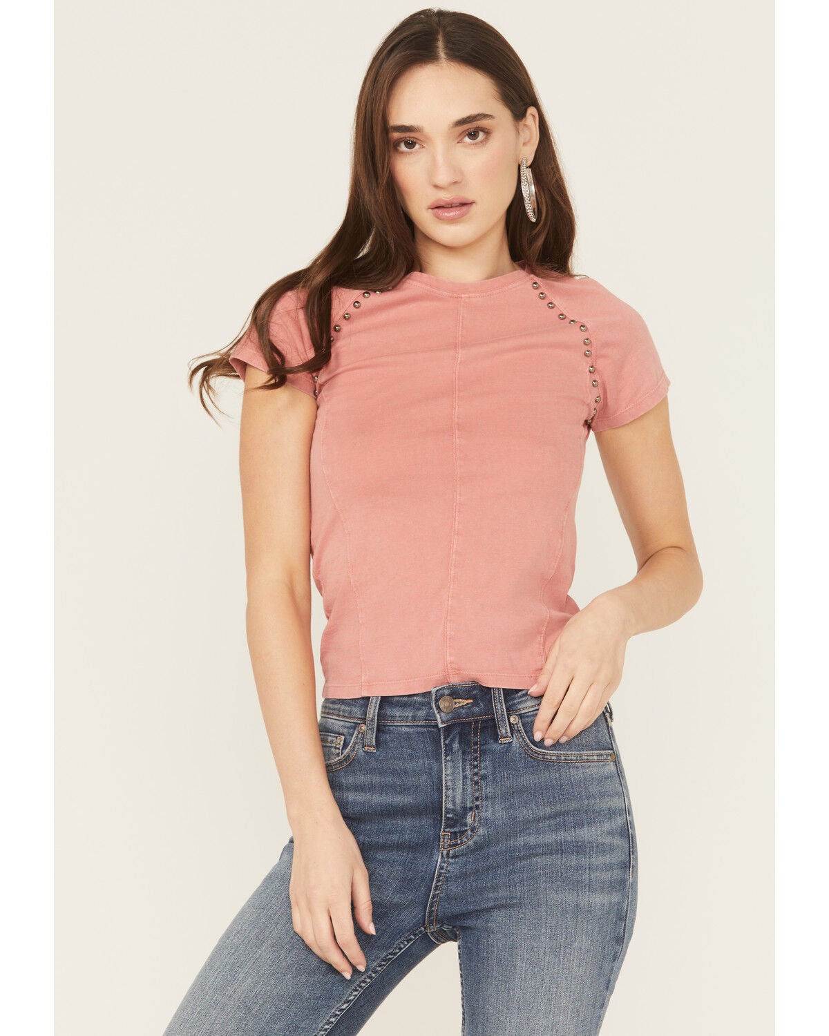 Rock & Roll Denim Women's Studded Baby Tee, Rose, hi-res