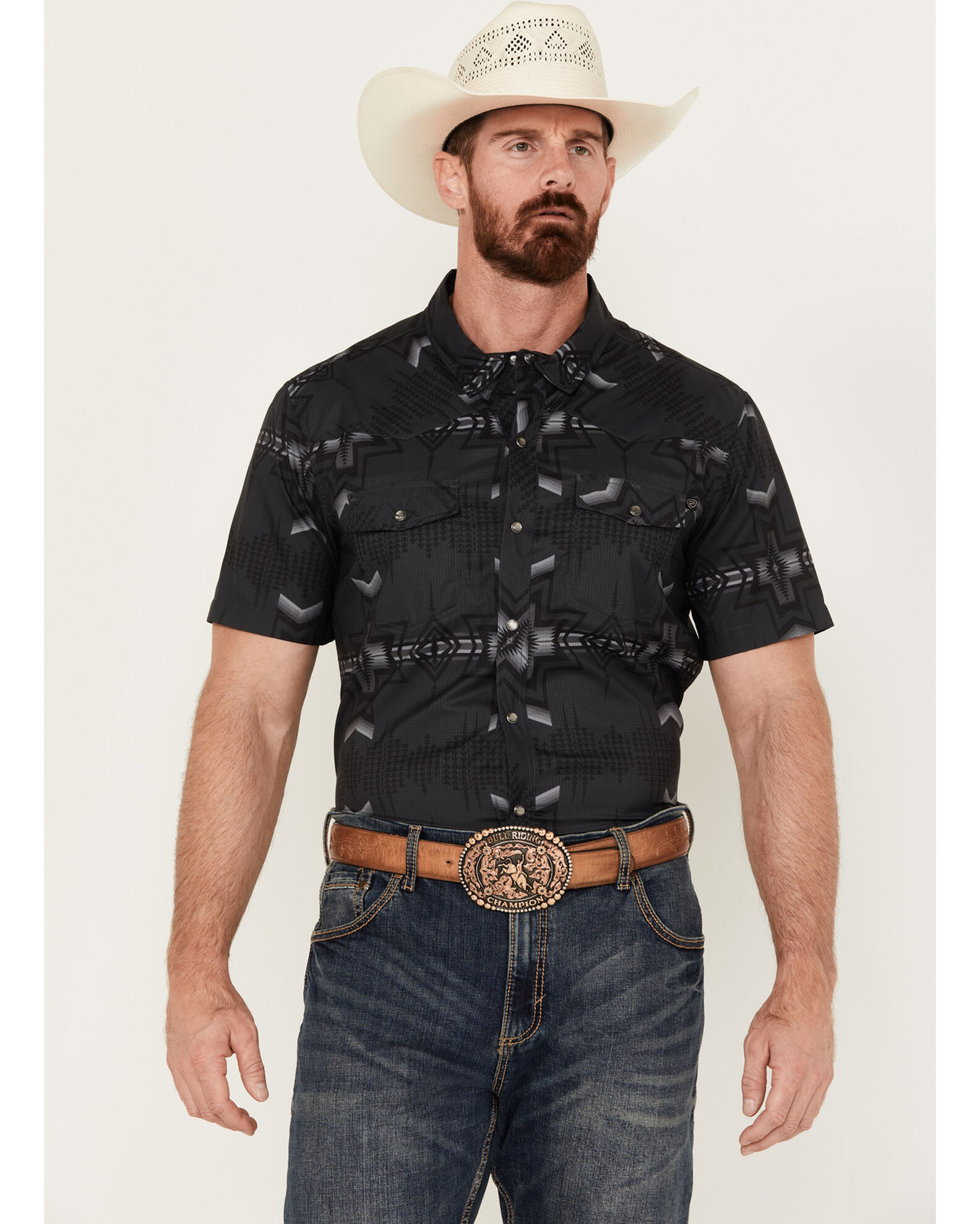 Rock & Roll Denim Men's Southwestern Print Long Sleeve Pearl Snap Stretch  Western Shirt
