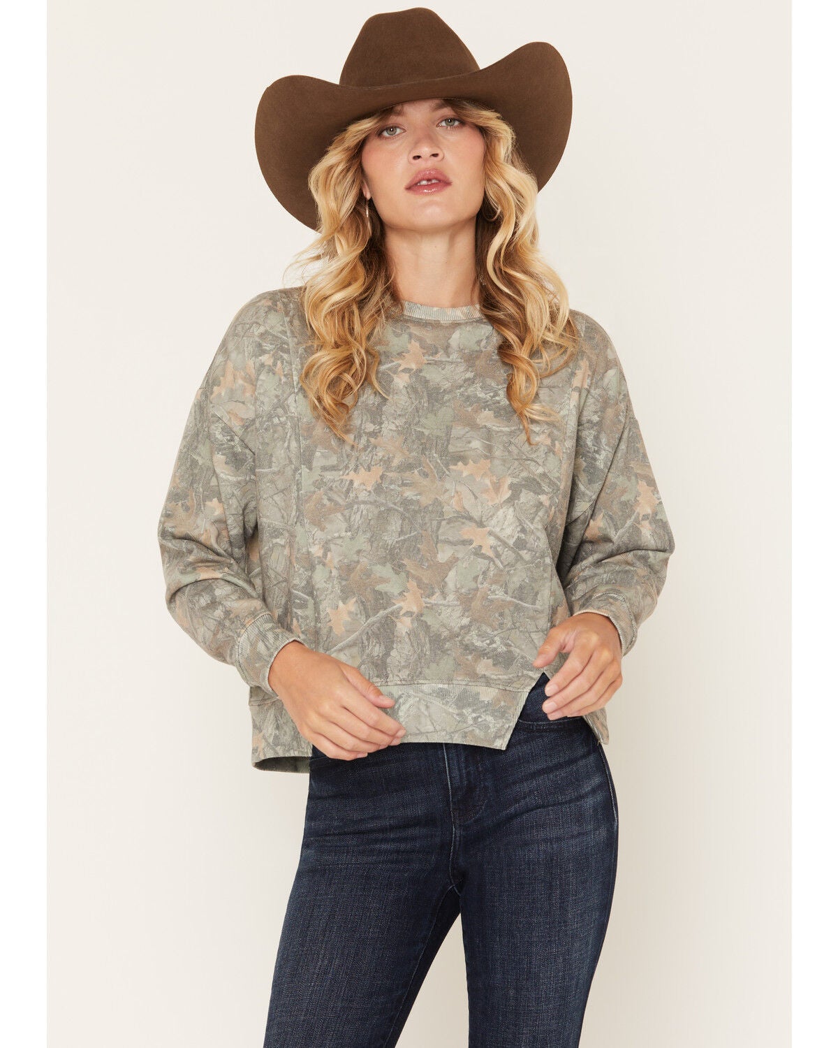 Rock & Roll Denim Women's Camo Print Long Sleeve Crew Neck Sweatshirt, Green, hi-res