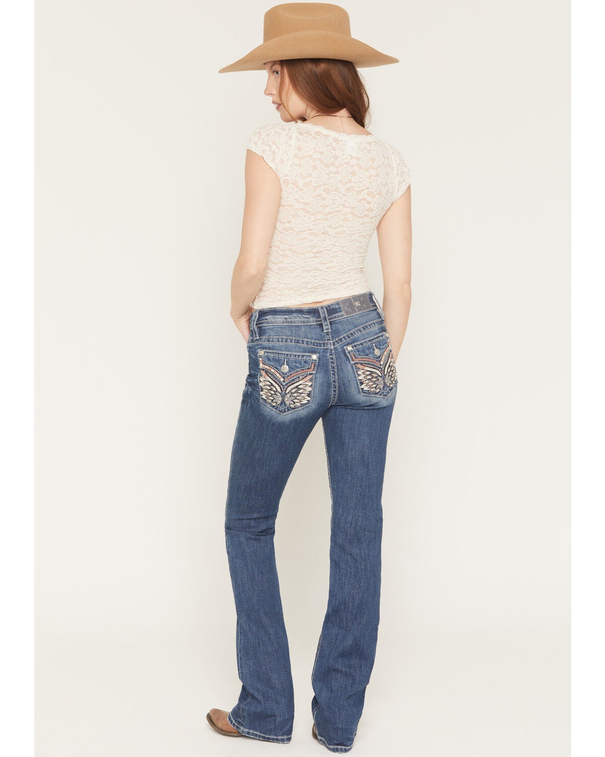 Miss Me Women's Medium Wash Mid Rise Wing Pocket 30" Bootcut Stretch Denim Jeans, Medium Wash, hi-res