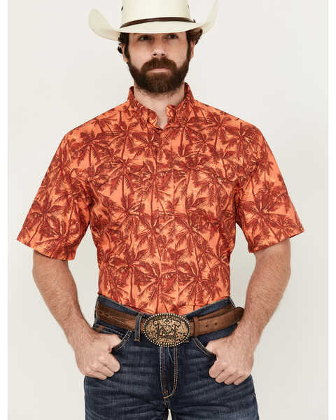Image #1 - Ariat Men's VentTek Outbound Palm tree Print Short Sleeve Button-Down Performance Western Shirt - Tall, Dark Orange, hi-res