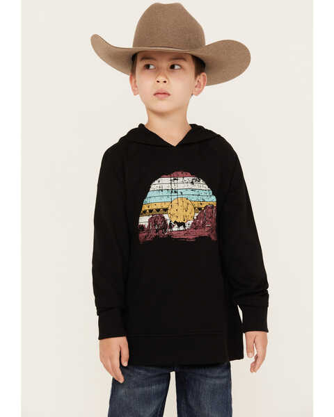 Image #1 - Rock & Roll Denim Boys' Sunset Graphic Hooded Sweatshirt, Black, hi-res