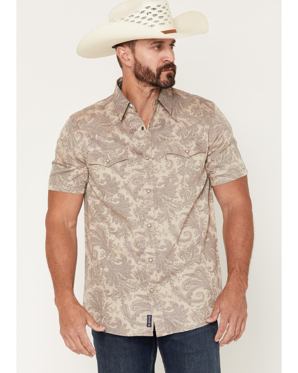 Image #1 - Moonshine Spirit Men's Regal Rebellion Paisley Print Short Sleeve Snap Western Shirt, Purple, hi-res