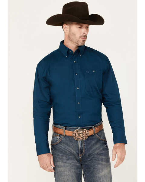 George Strait by Wrangler Men's Solid Long Sleeve Button-Down Western Shirt , Dark Blue, hi-res