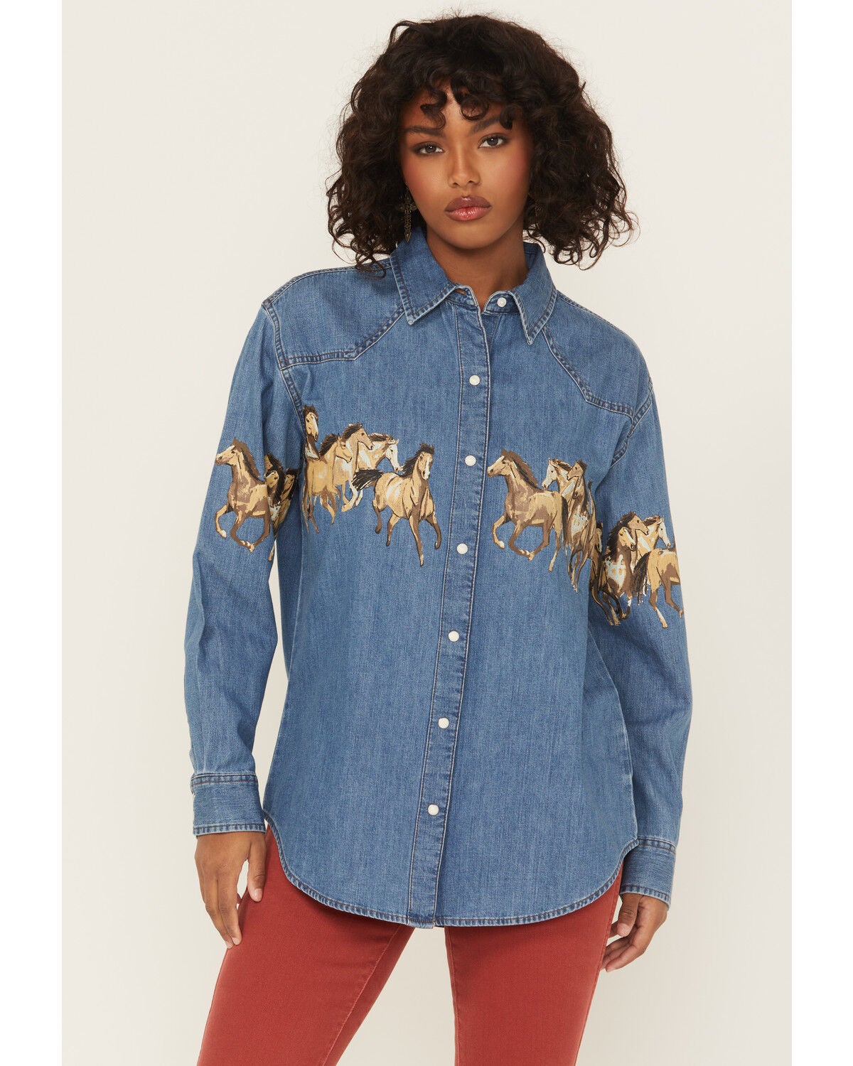 Wrangler Retro Women's Medium Wash Running Horse Denim Long Sleeve Snap Western Shirt, Dark Wash, hi-res