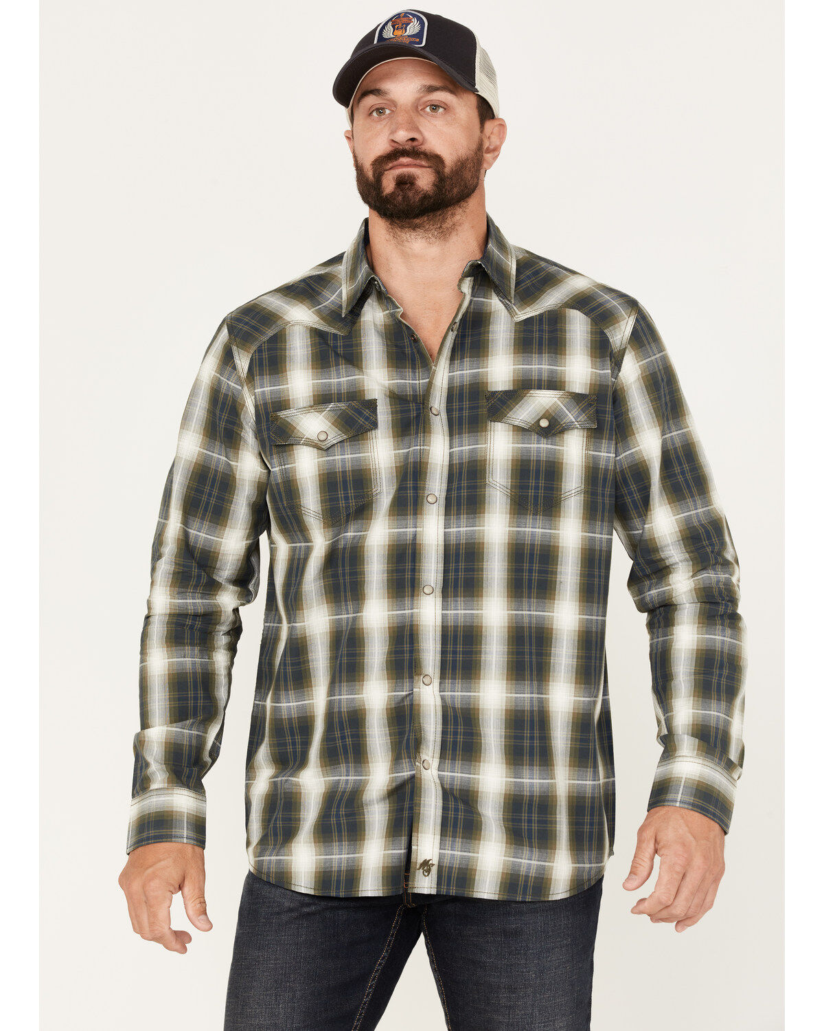 Image #1 - Moonshine Spirit Men's All Day Long Large Plaid Snap Western Shirt, Green, hi-res