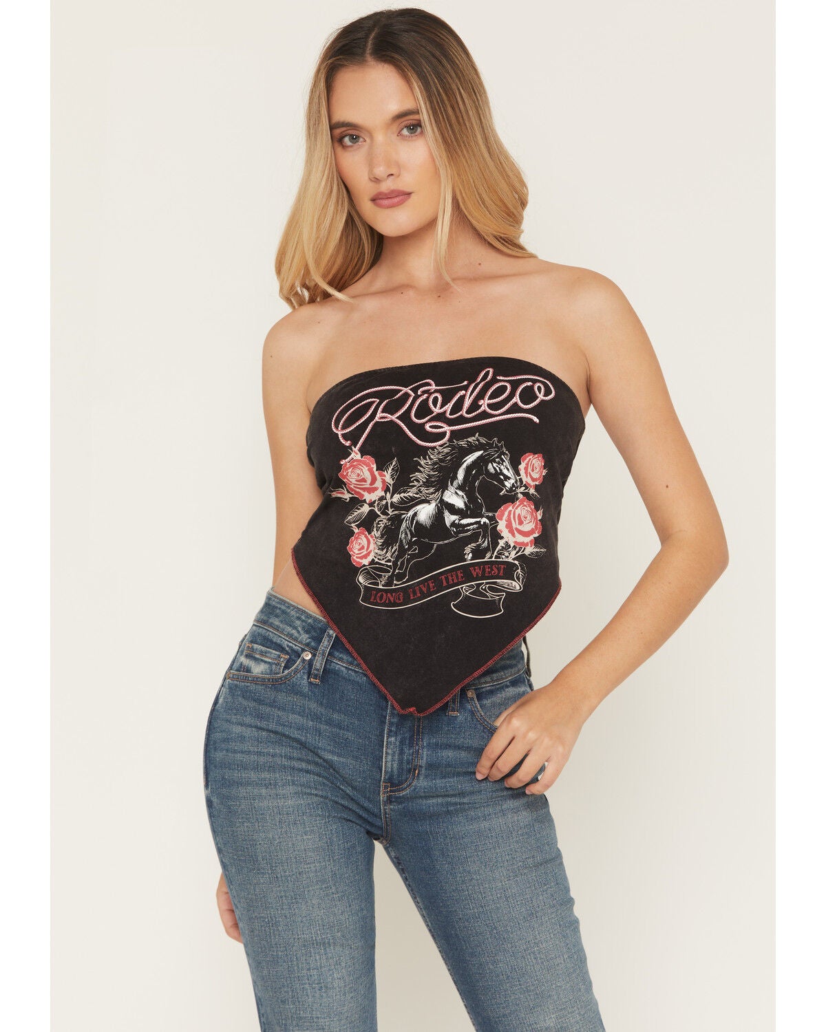 Image #1 - Blended Women's Rodeo Bandana Strapless Graphic Top, Black, hi-res