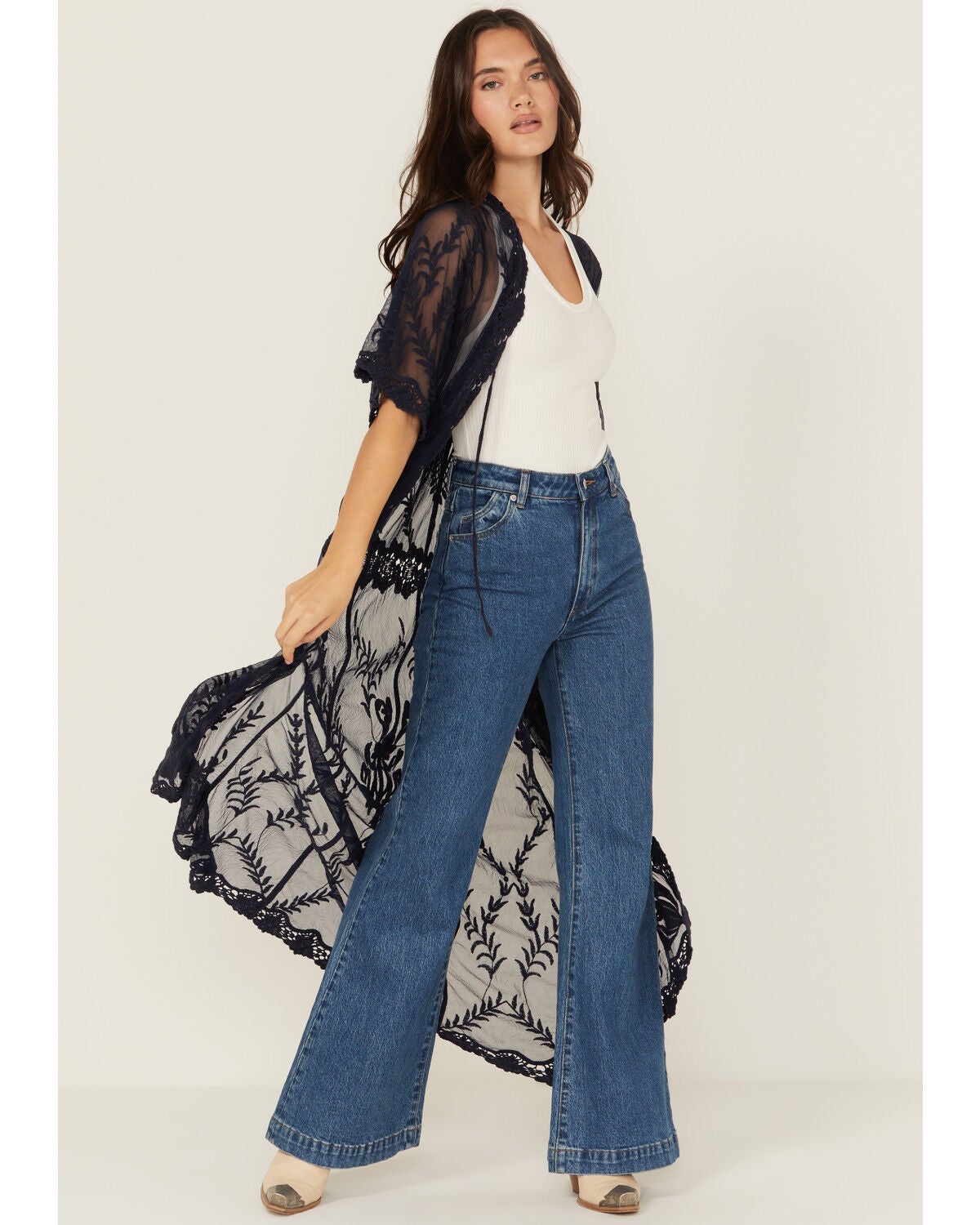Shyanne Women's Embroidered Mesh Kimono, Indigo, hi-res