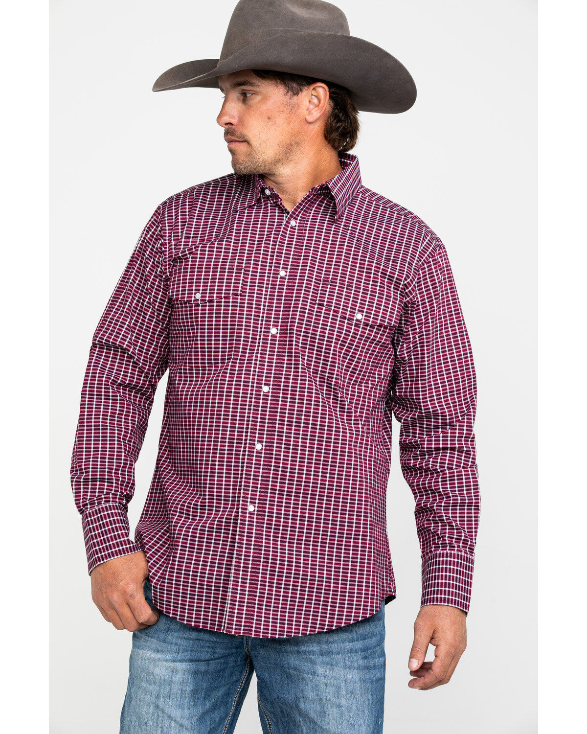 Image #5 - Wrangler Men's Wrinkle Resist Small Plaid Long Sleeve Western Shirt, Red, hi-res