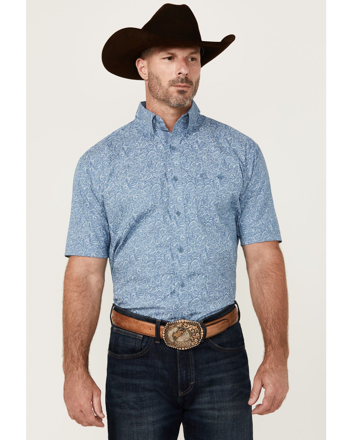 George Strait by Wrangler Men's Paisley Print Short Sleeve Stretch Western Shirt, Blue, hi-res