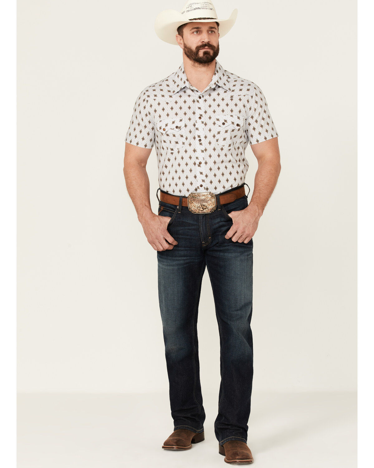 Image #2 - Dale Brisby Men's Taupe Southwestern Geo Print Short Sleeve Snap Western Shirt, , hi-res