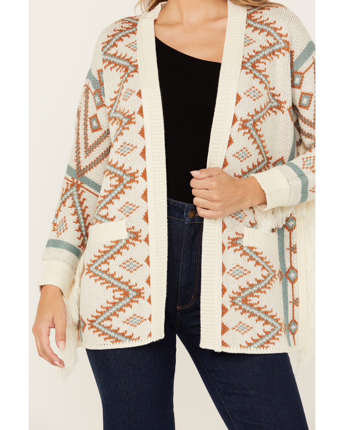 Image #3 - Shyanne Women's Southwestern Print Open Front Fringe Cardigan, Cream, hi-res