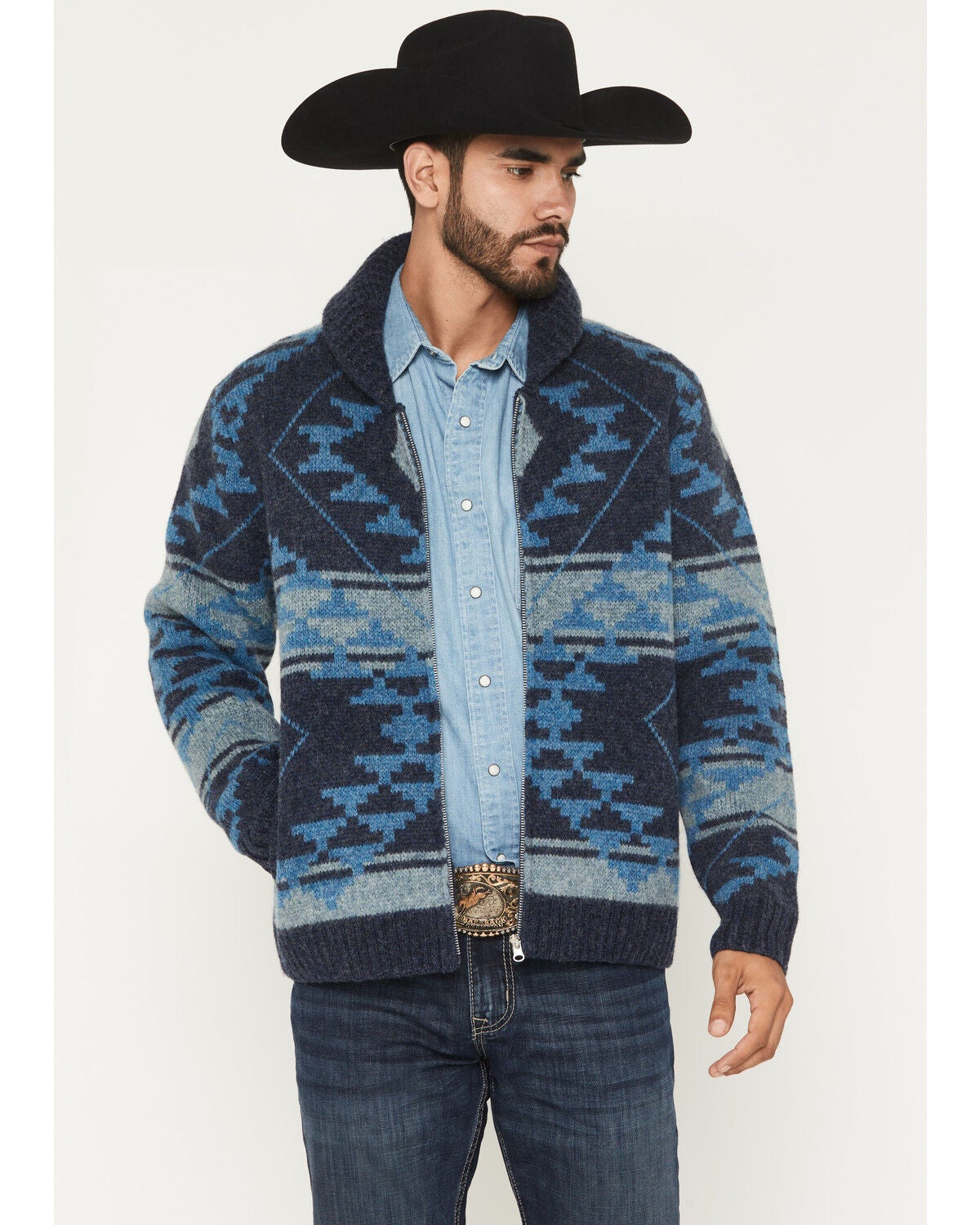 Cody James Men's Carson Southwestern Print Full Zip Wool Sweater, Navy, hi-res