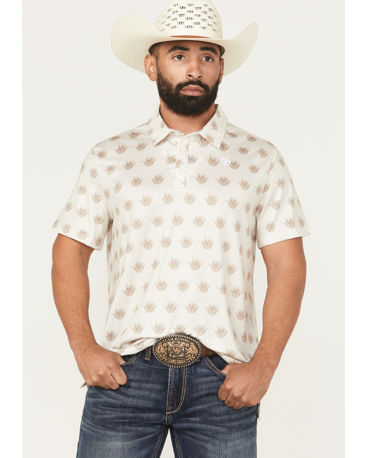 Image #1 - Rock & Roll Denim Men's Agave Print Short Sleeve Button-Down Polo Shirt, Natural, hi-res