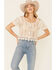 Very J Women's Open Weave Scallop Hem Short Sleeve Button-Down Crop Top , Natural, hi-res