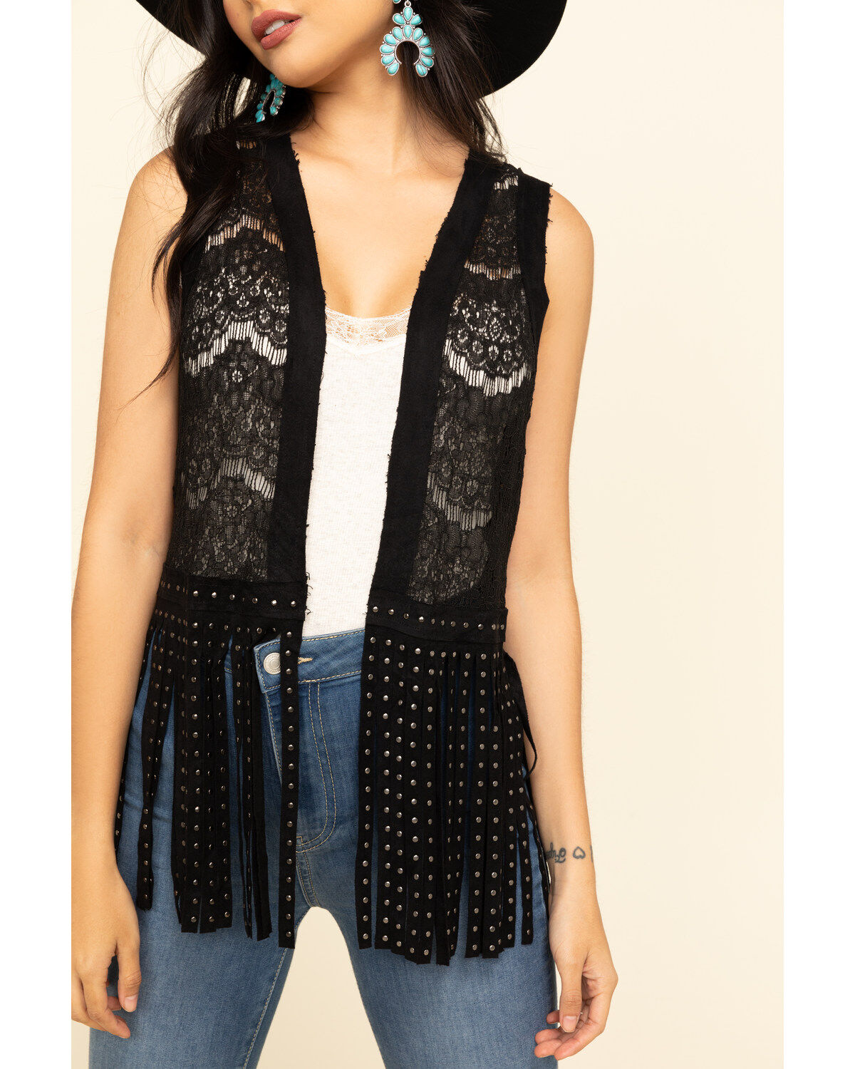 Image #4 - Vocal Women's Lace Studded Fringe Vest, Black, hi-res