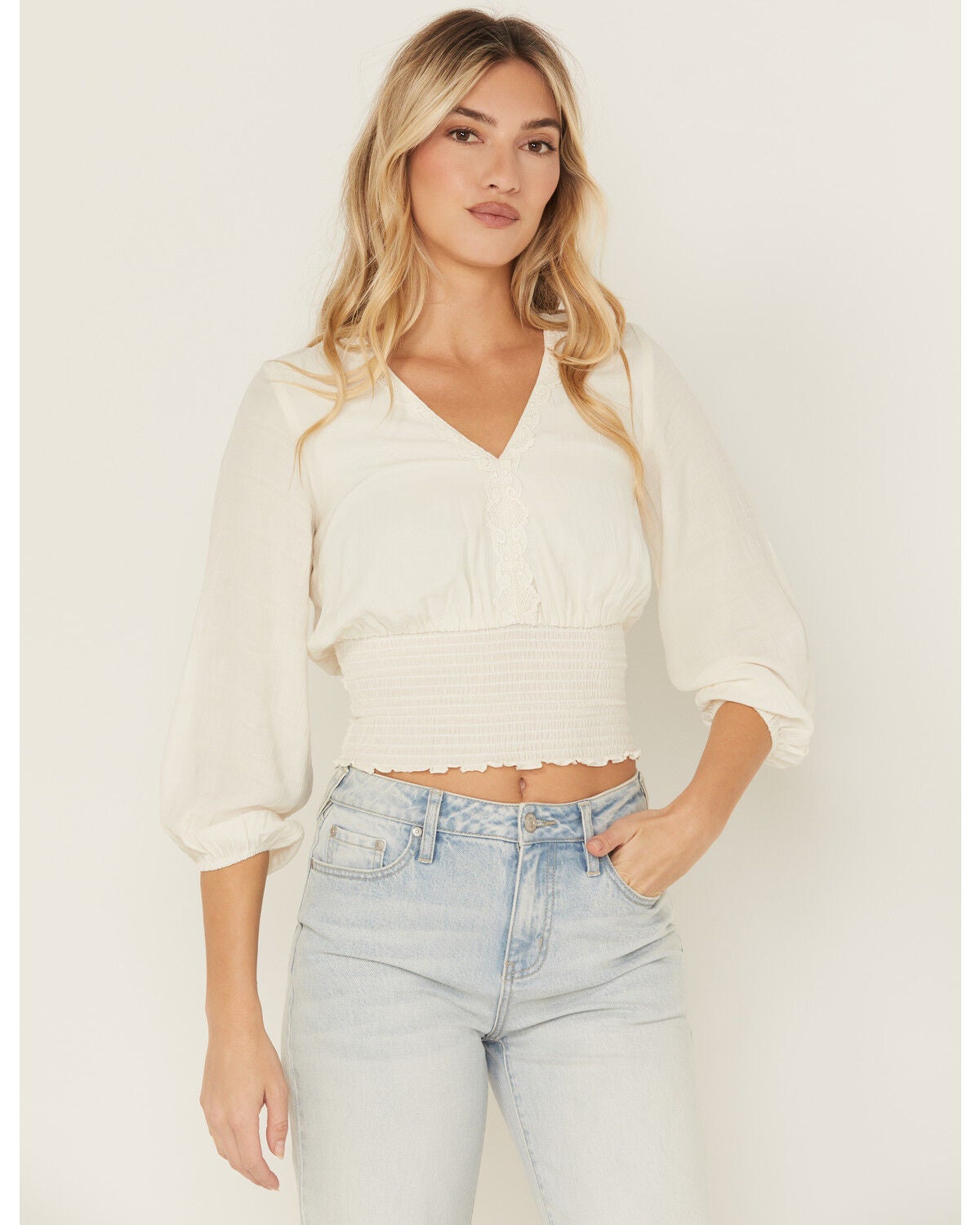 Shyanne Women's Smocked Long Sleeve Blouse, Ivory, hi-res