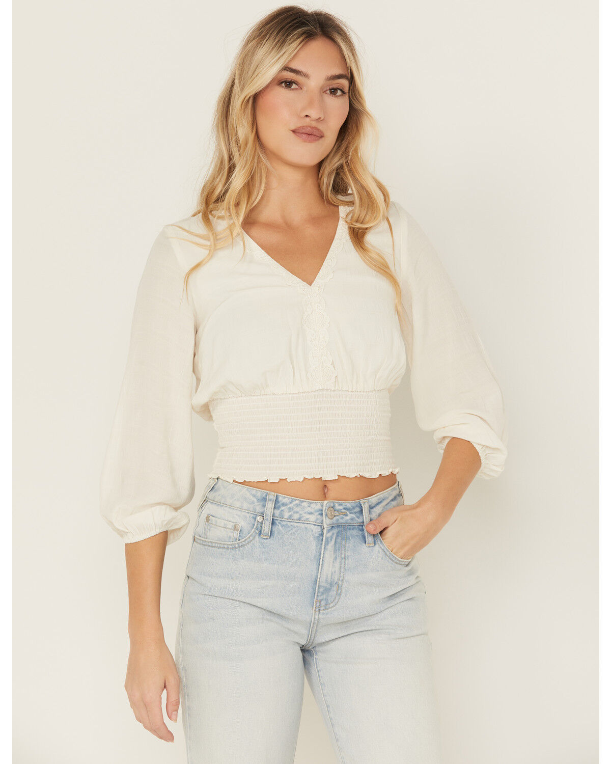 Image #1 - Shyanne Women's Smocked Long Sleeve Blouse, Ivory, hi-res