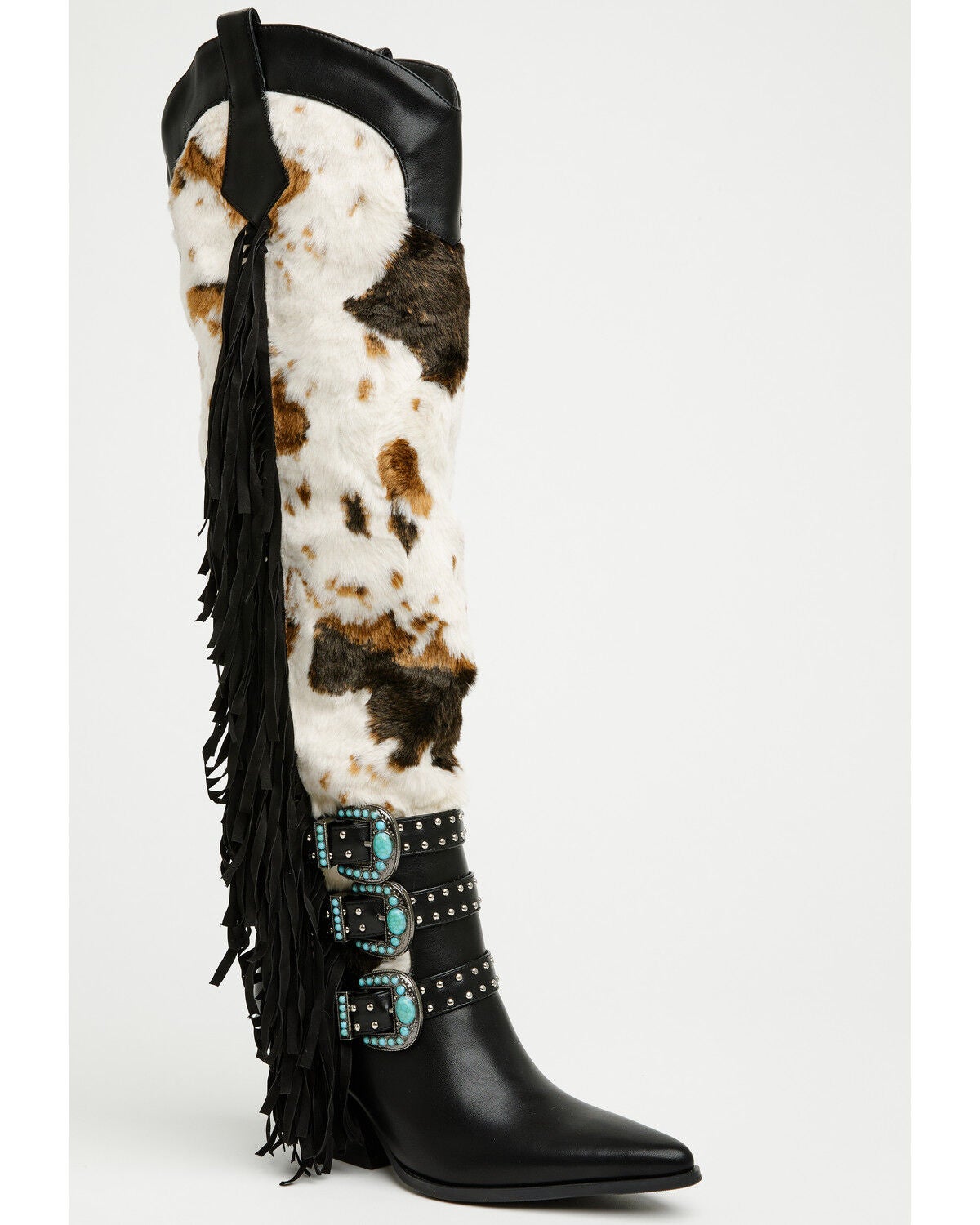 Azalea Wang Women's Gwayne Faux Fur Buckle Fringe Tall Fashion Boots - Snip Toe, Black, hi-res