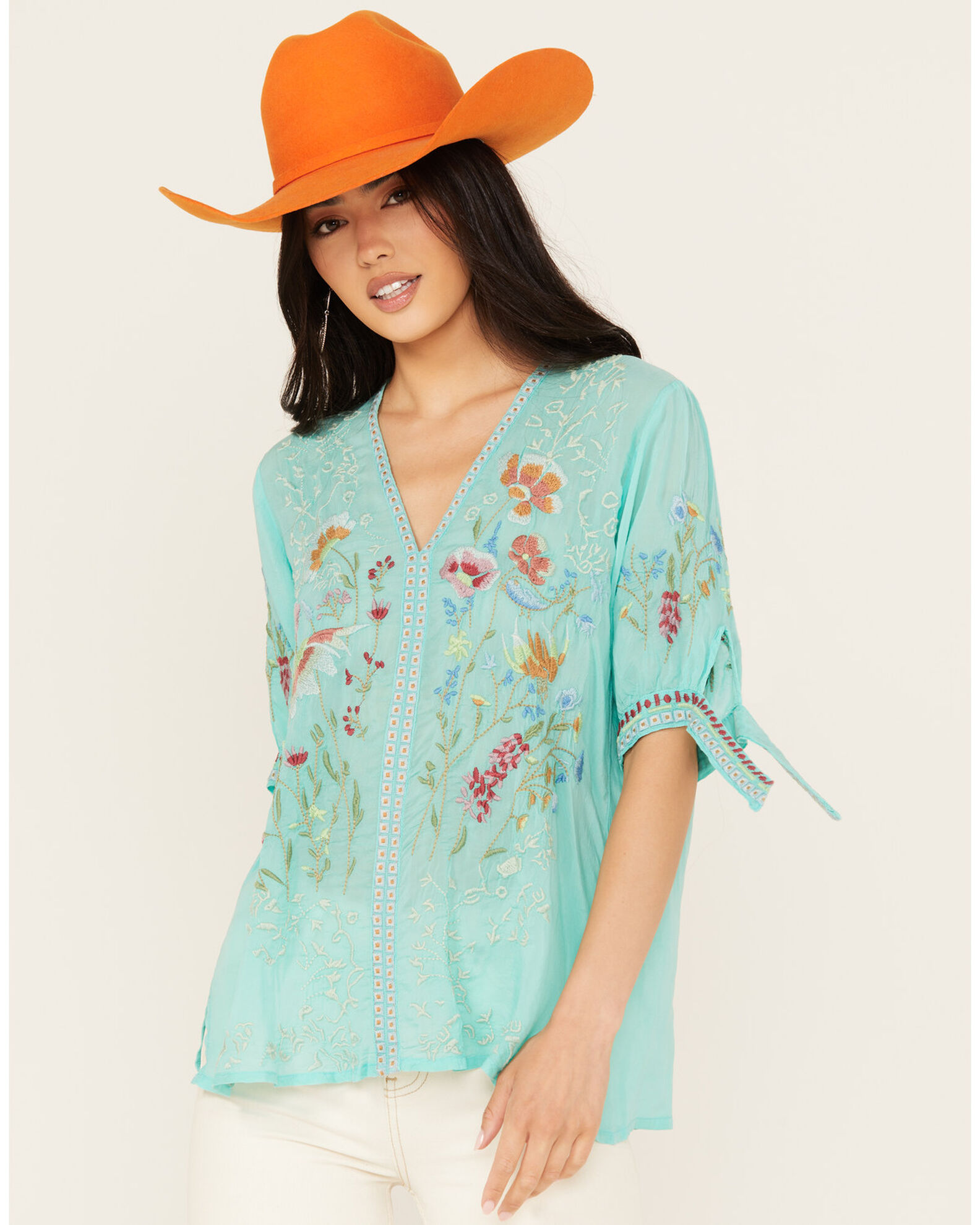 Johnny Was Women's Floral Embroidered Short Sleeve Cosette Blouse