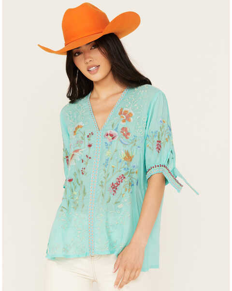 Johnny Was Women's  Floral Embroidered Short Sleeve Cosette Blouse , Turquoise, hi-res